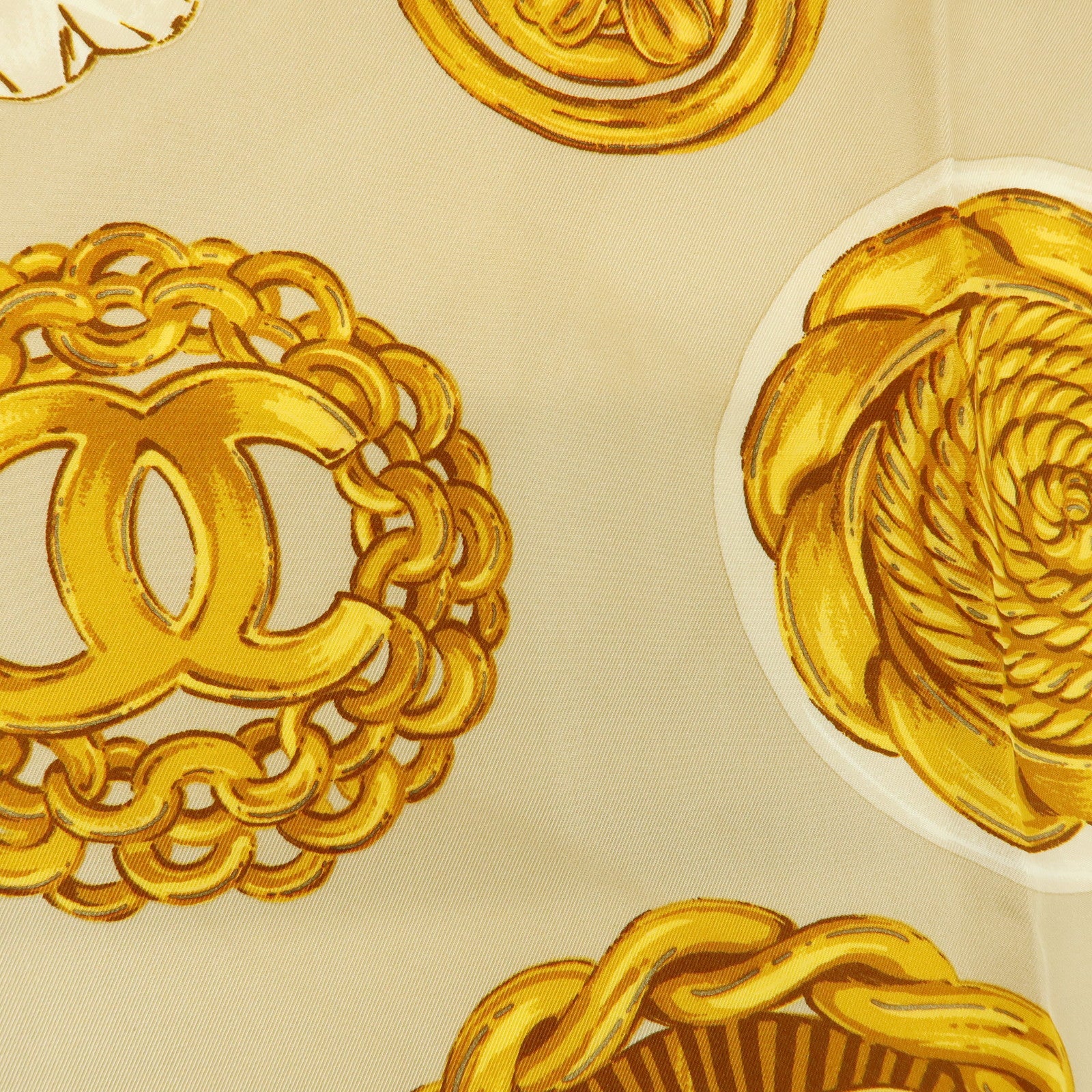 CHANEL COCO Mark Silk 100% Scarf Chain Pattern Yellow Beige