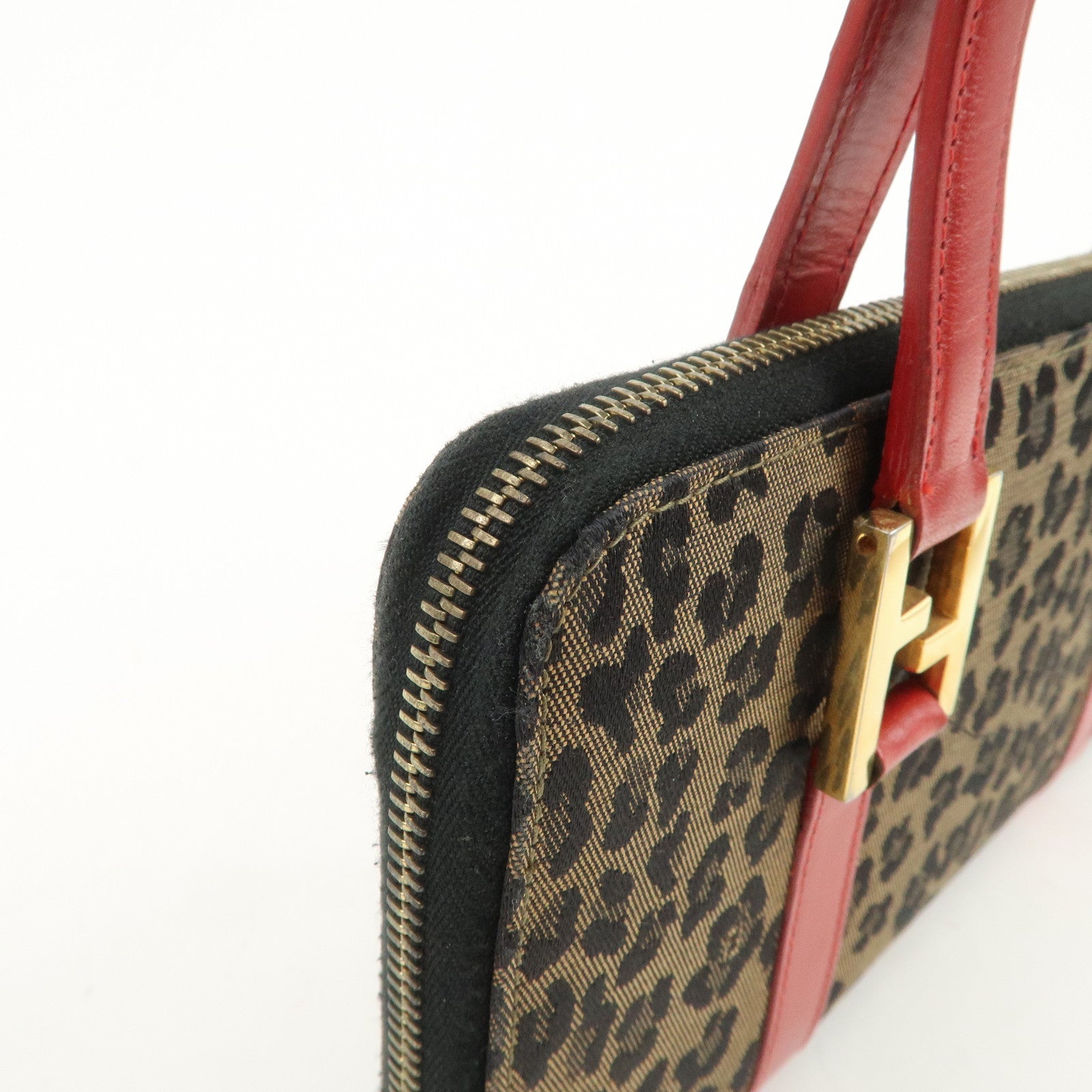FENDI Logo Canvas Leather Hand Bag Leopard Red 26347