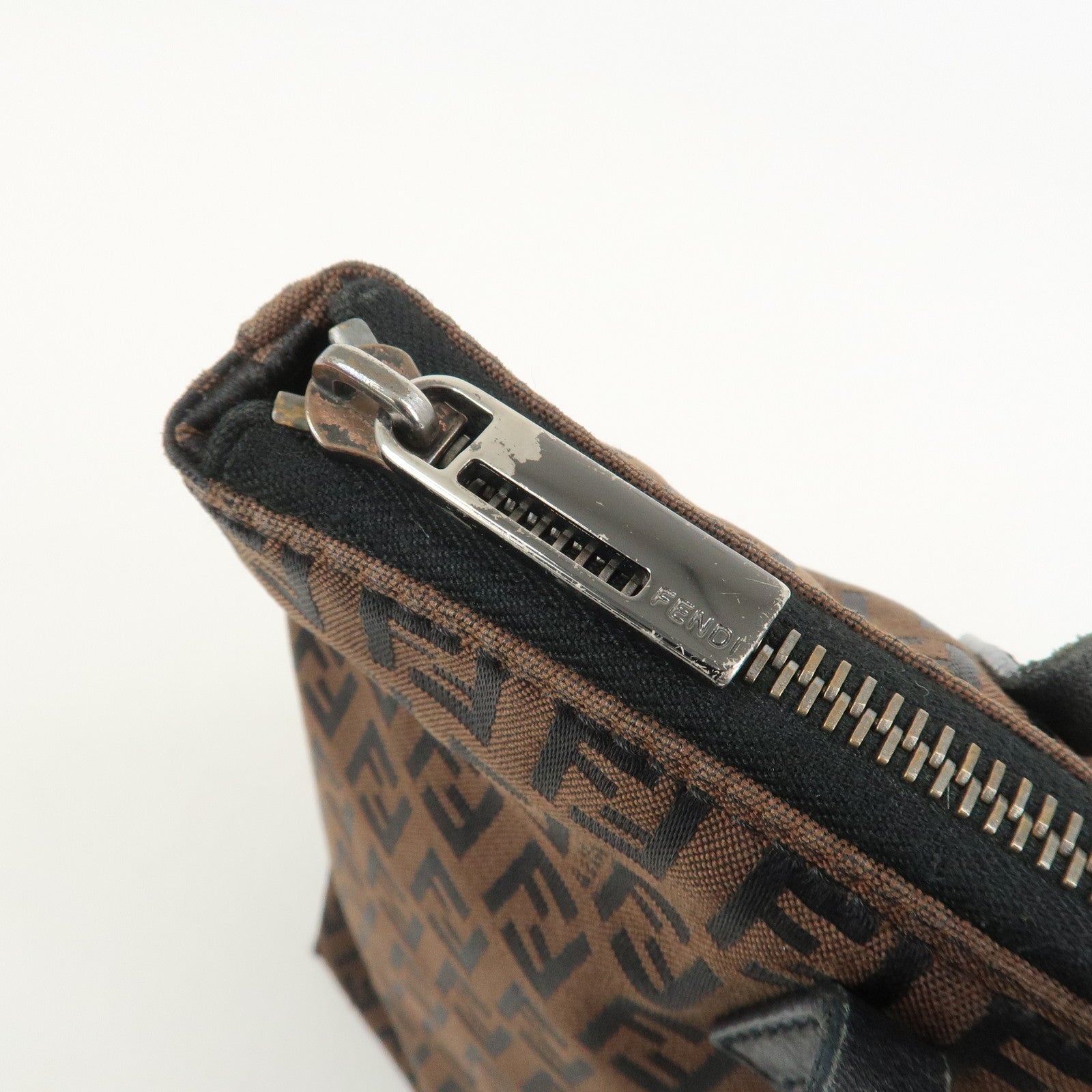 FENDI Zucchino Canvas Leather Tote Bag Brown Black 8BH023