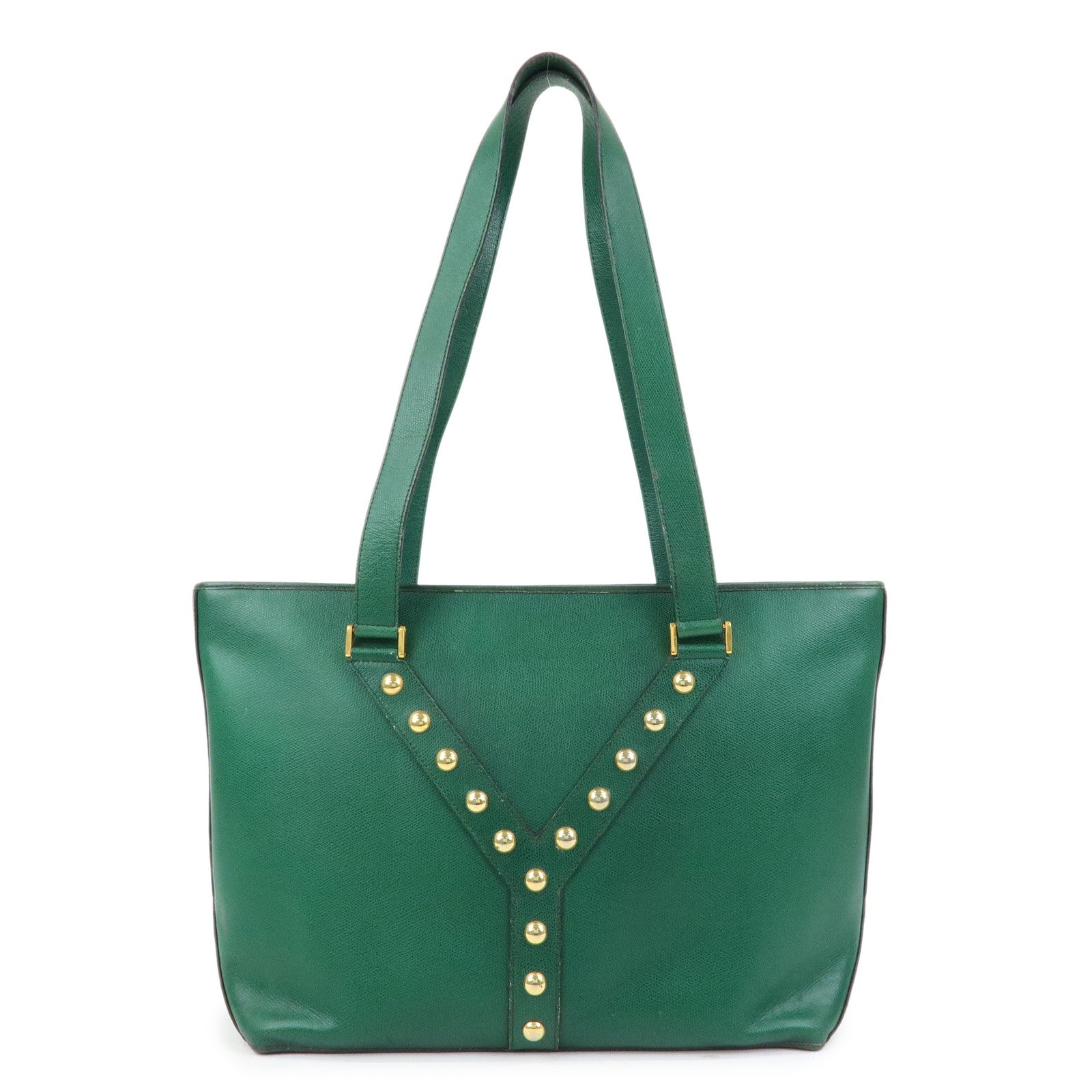 SAINT LAURENT PARIS Y Line Leather Studs Tote Shoulder Bag Green