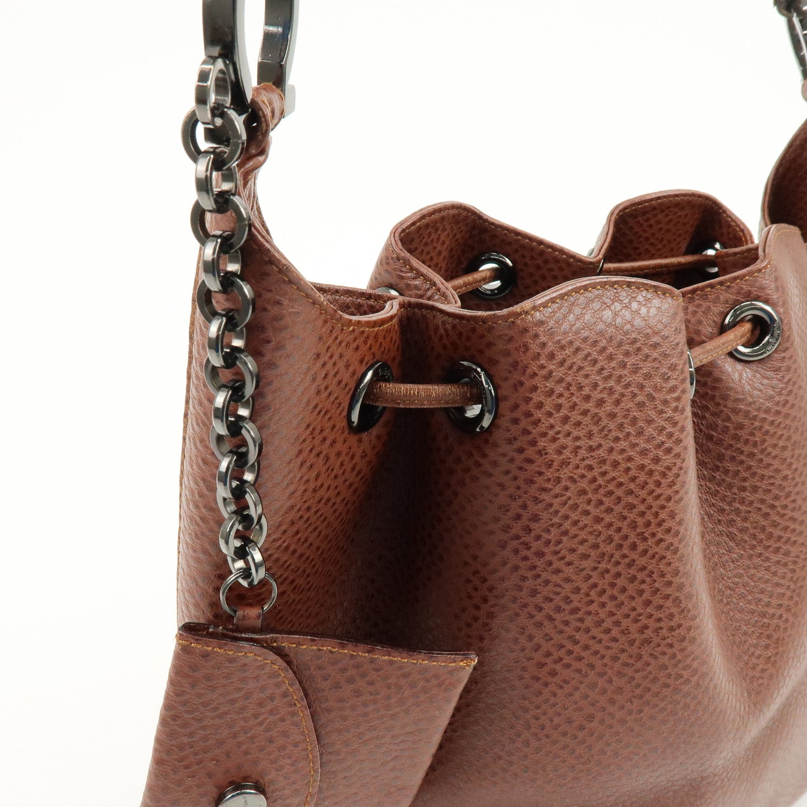 Ferragamo Gancini Leather Drawstring Bag Shoulder Bag Brown