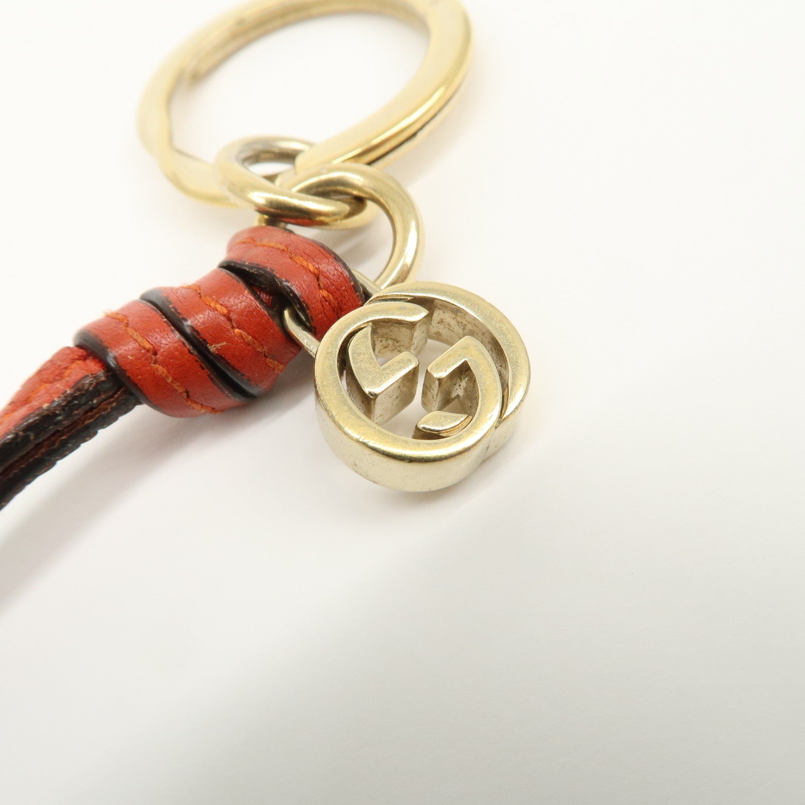 GUCCI Interlocking G Leather Metal Bag Charm Key Chain Orange Gold