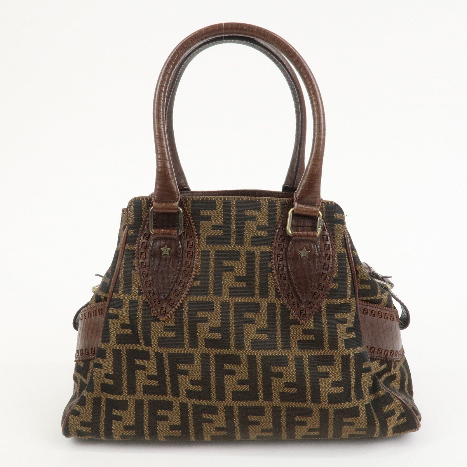 FENDI Etnico Canvas Leather Shoulder Bag Brown Black 8BN157