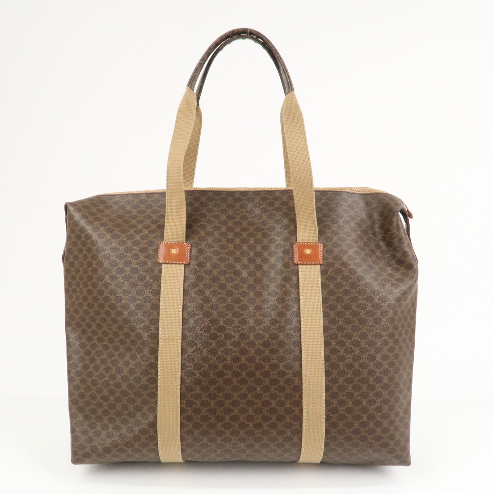 CELINE Macadam PVC Canvas Leather Boston Bag Hand Bag Brown