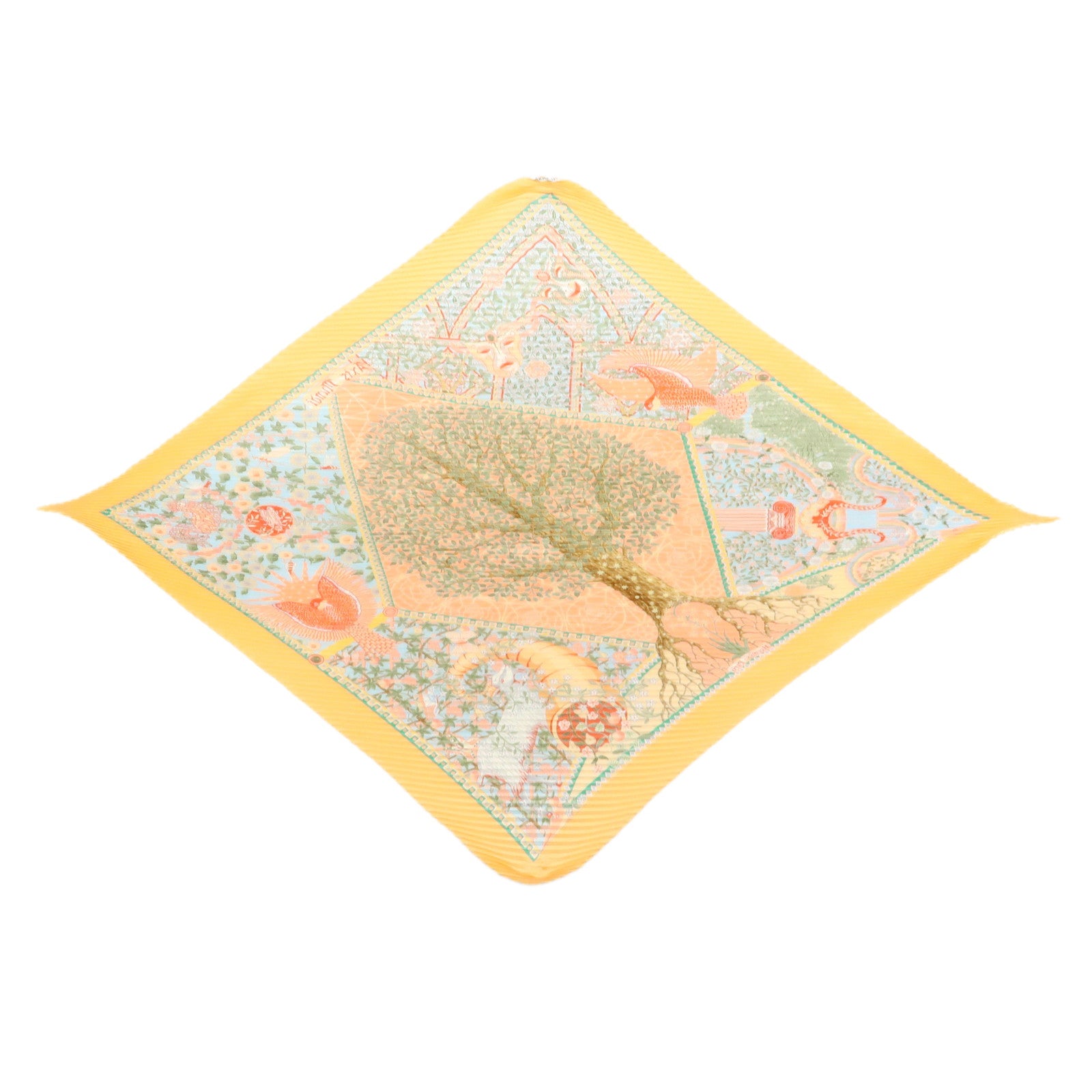 HERMES Pleated Carre 90 Silk 100% Scarf AXIS MUNDI Tree Print