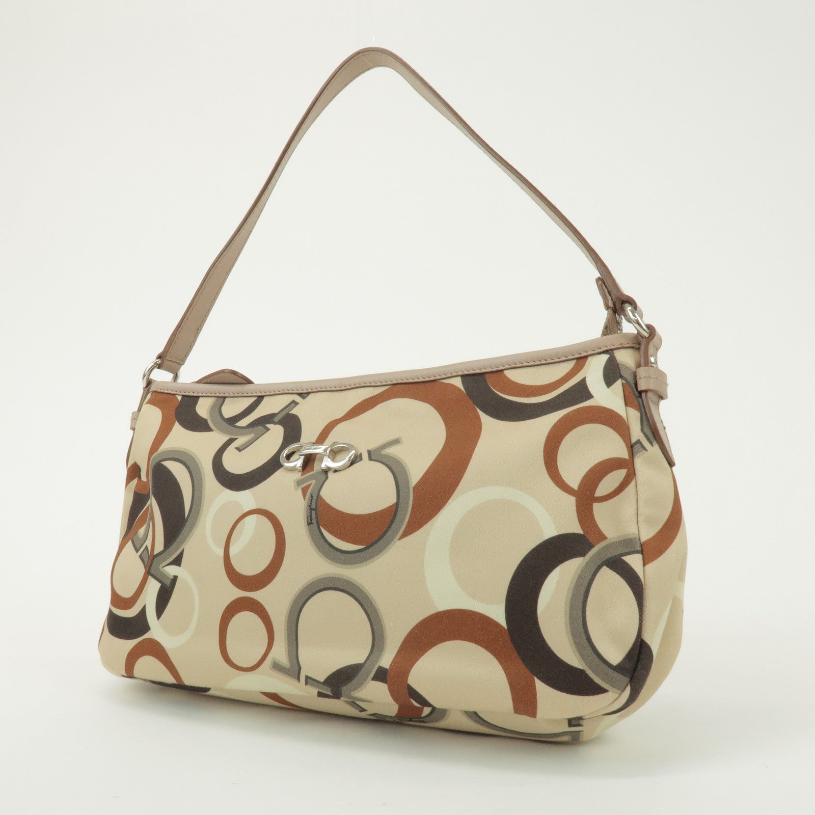 Ferragamo Gancini Nylon Leather Hand Bag Shoulder Bag Beige Brown
