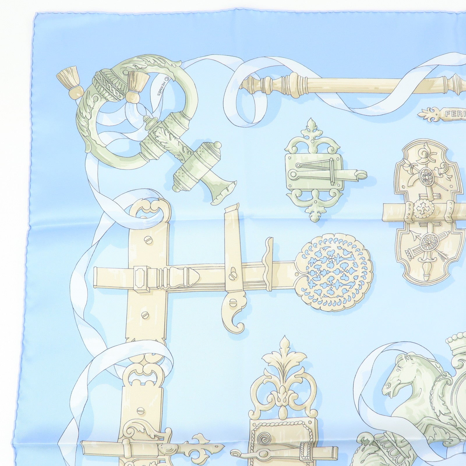 HERMES Carre 90 Silk 100% Scarf Ferronnerie Light Blue