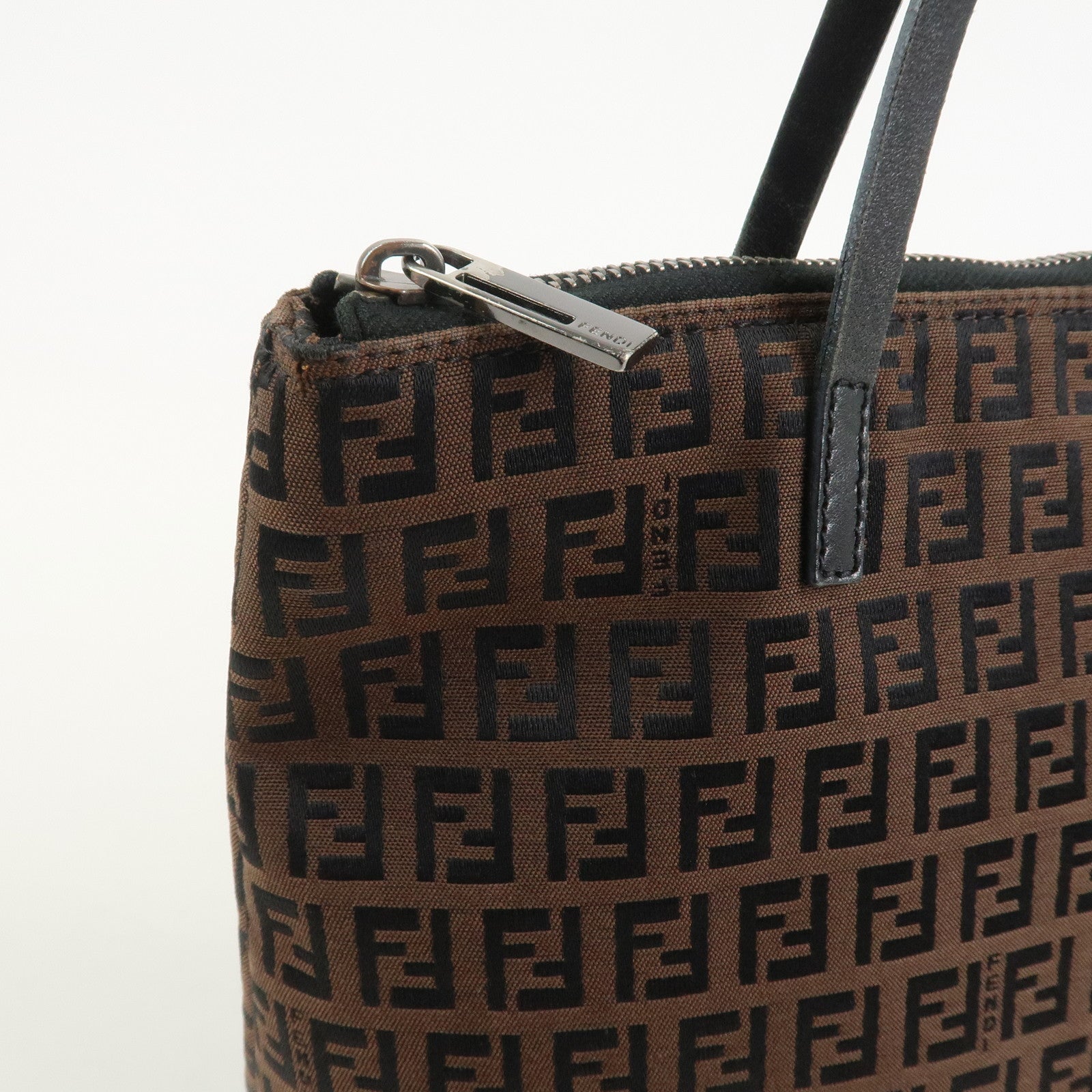 FENDI Zucchino Canvas Leather Tote Bag Brown Black 8BH023