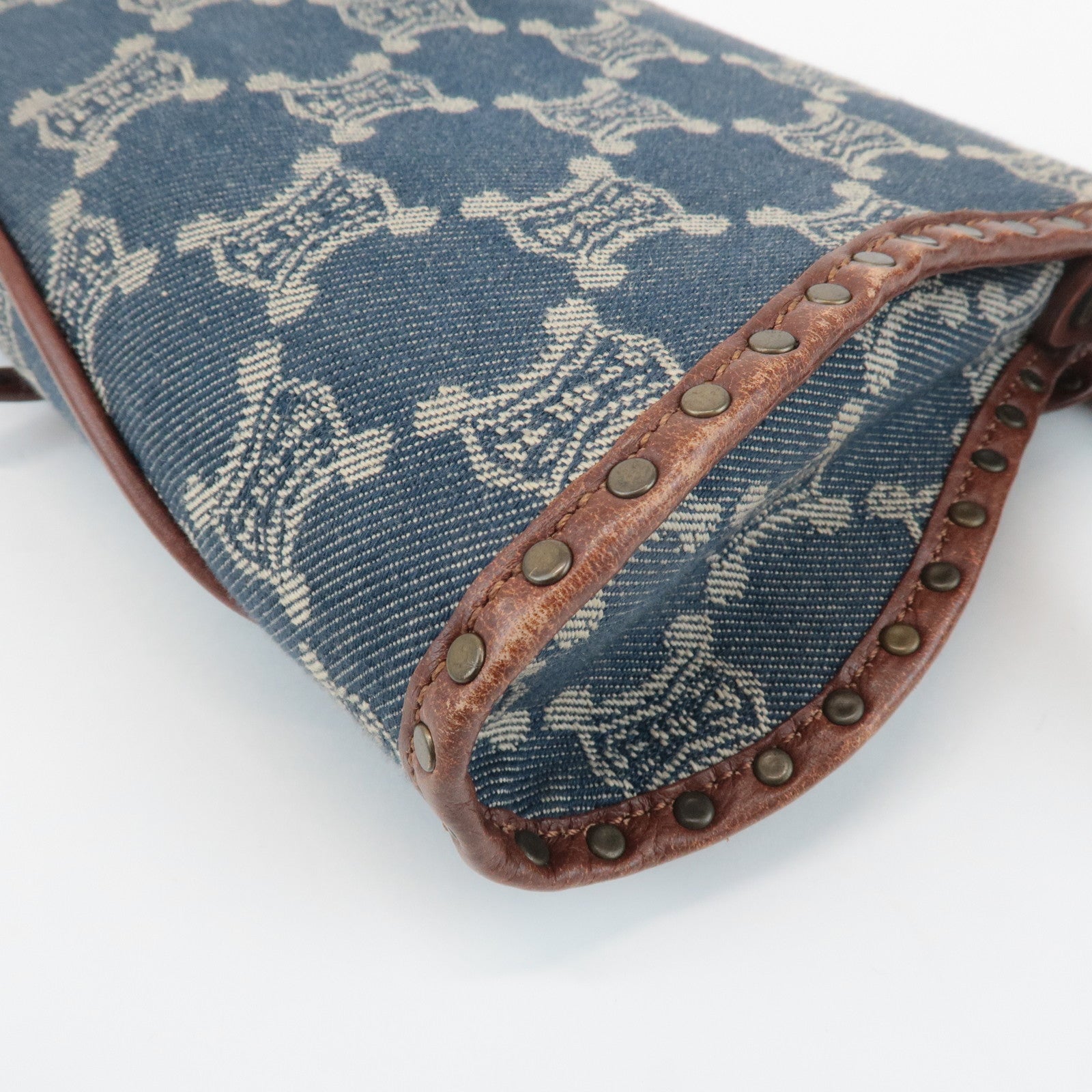 CELINE Macadam Denim Canvas Leather Shoulder Bag Blue Brown Used