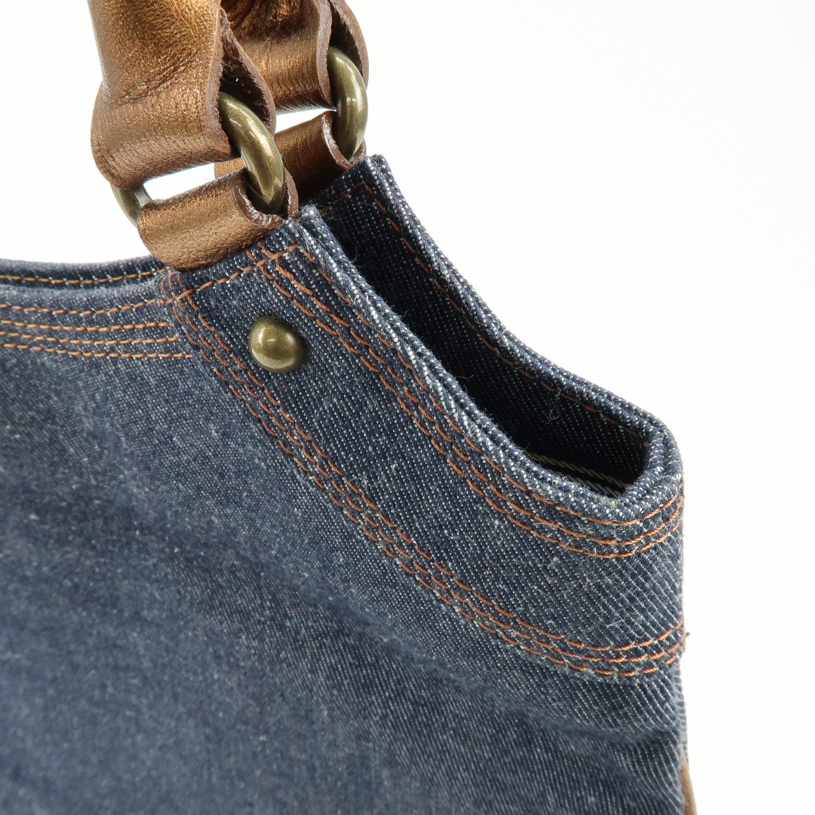 BURBERRY Blue Label Denim Leather Tote Bag Indigo Metallic Brown
