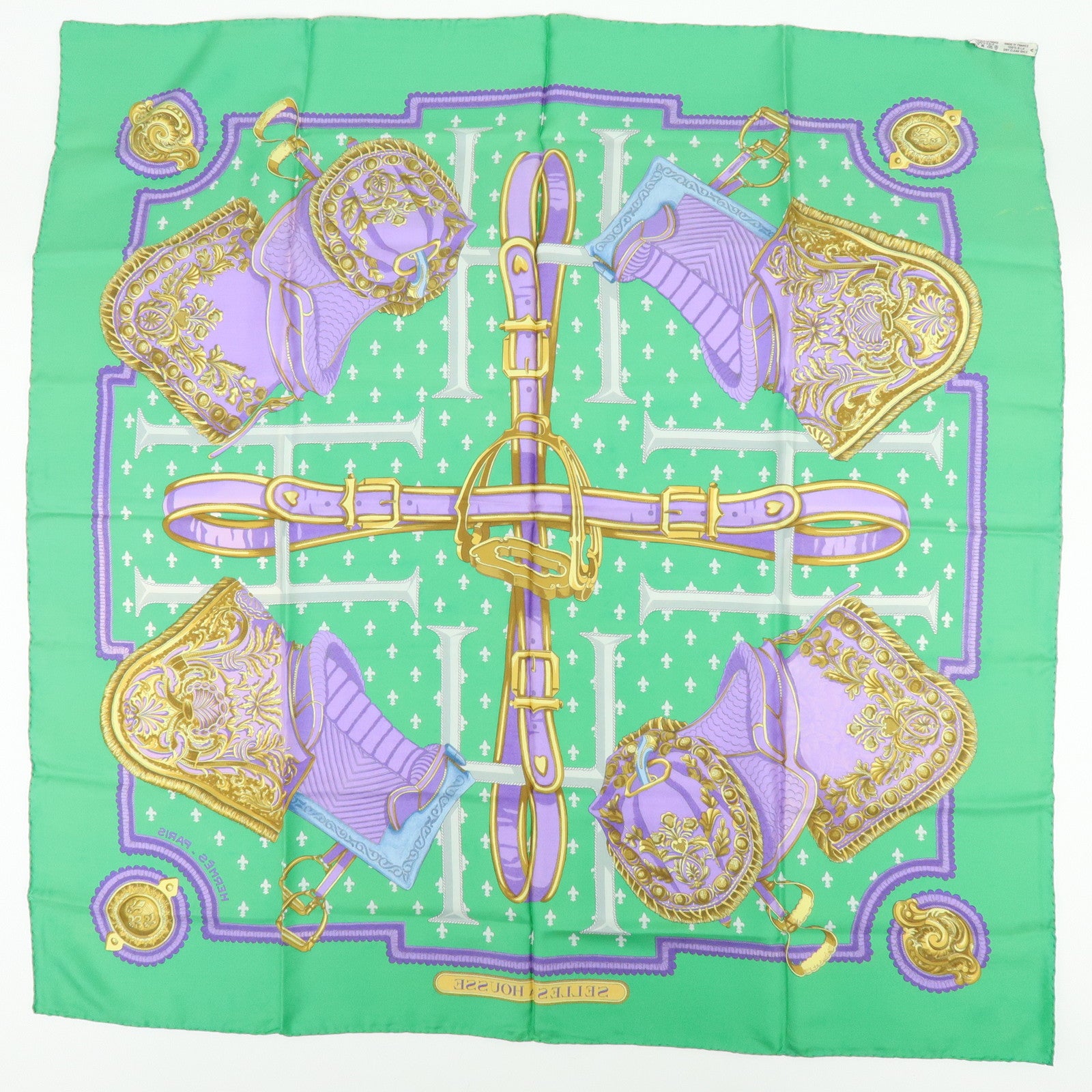 HERMES Carre 90 Set of 2 Silk 100% Scarf Navy Ivory Green Purple