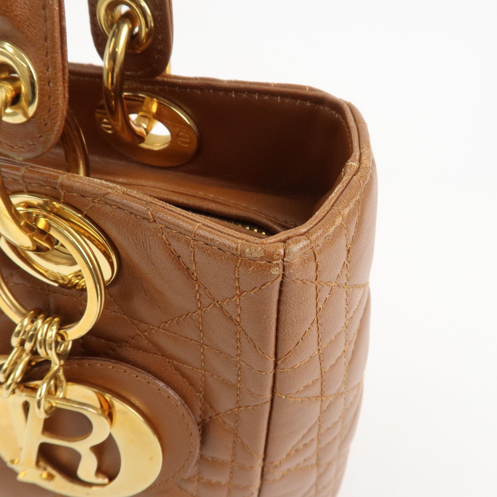 Christian Dior Canage Lady Dior Lamb Skin Hand Bag Tote Bag Brown