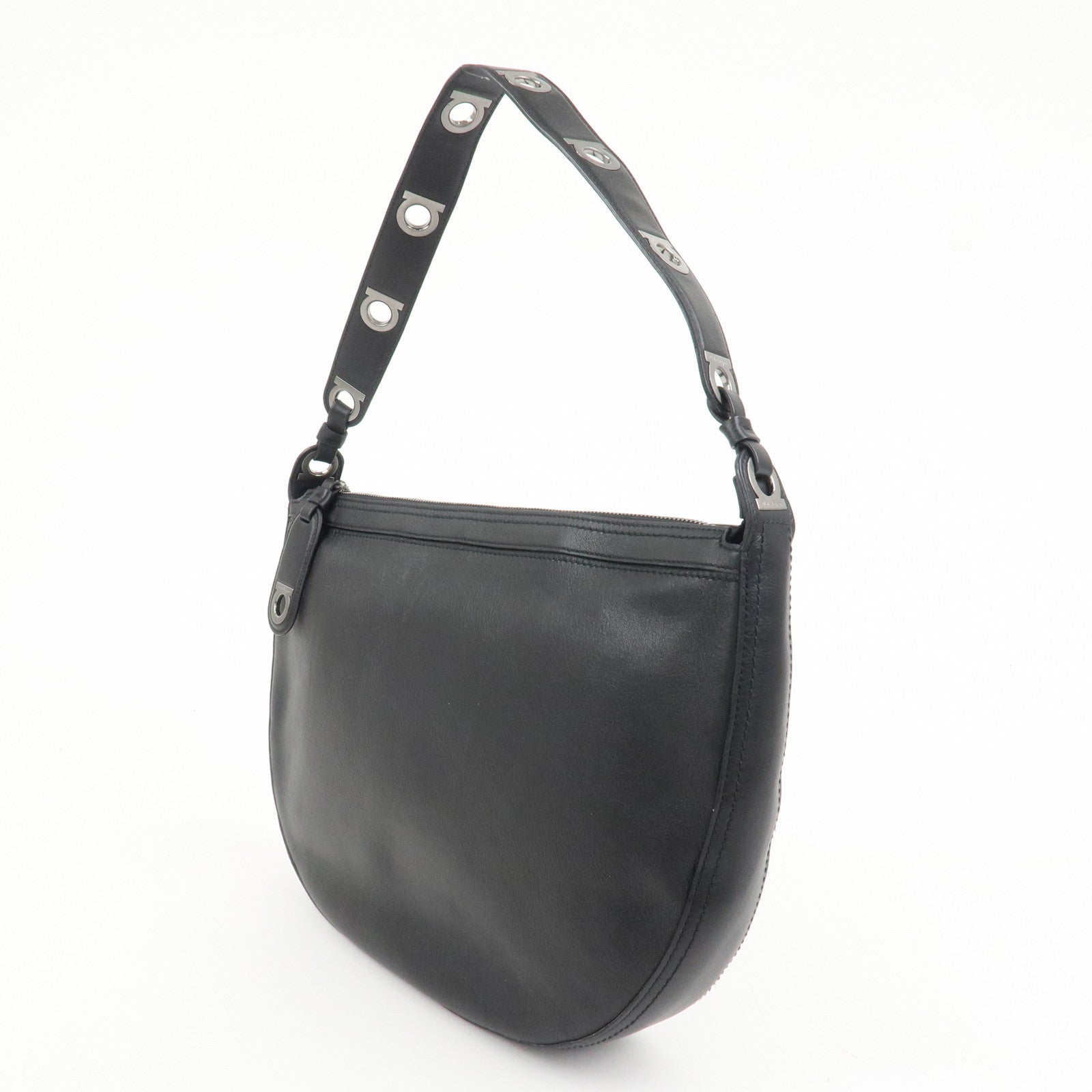 Ferragamo Gancini Leather Shoulder Bag Hand Bag Black