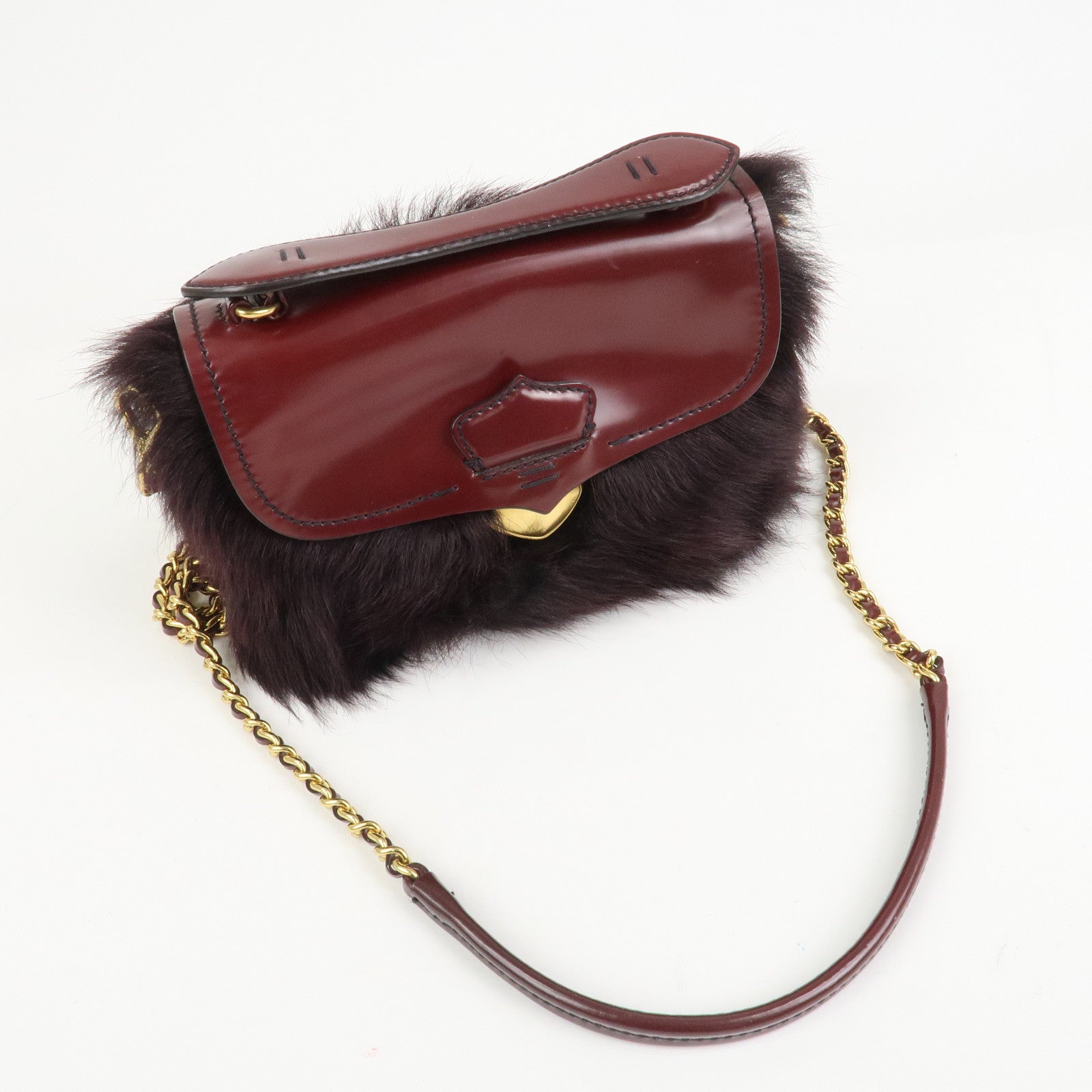 PRADA Leather Fur Chain Shoulder Bag Crossbody Bag Brown BP0368