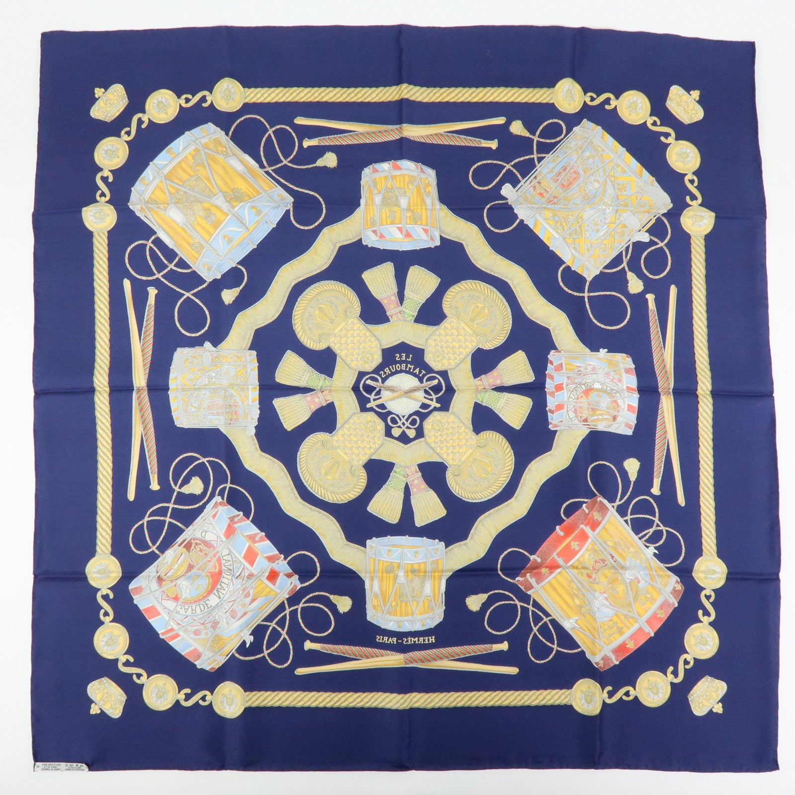 HERMES Carre 90 Silk 100% Scarf  LES TAMBOURS Navy Gold