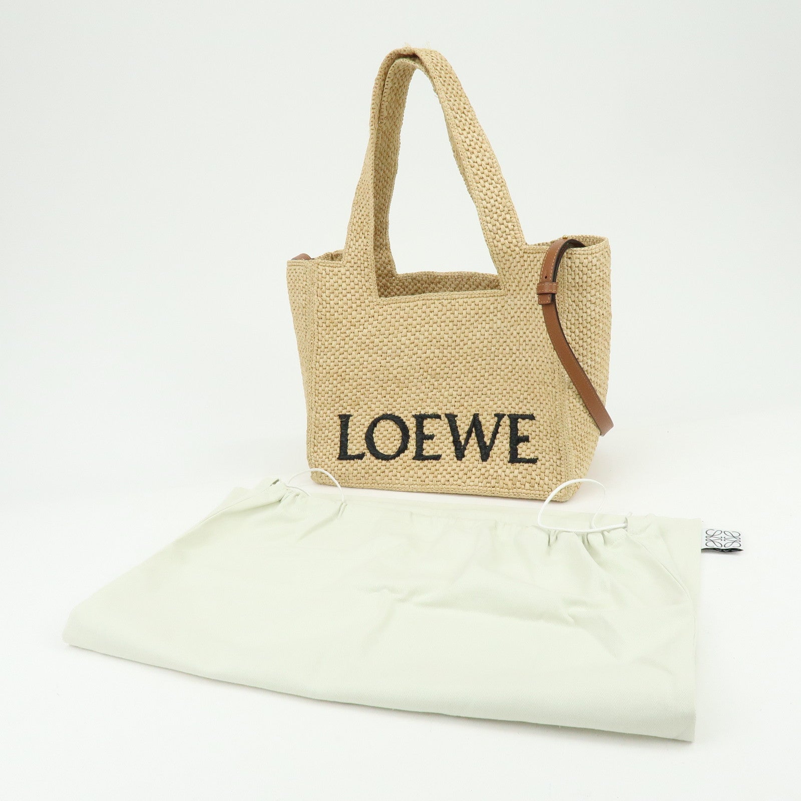 LOEWE Font Tote Raffia Leather 2Way Bag Tote Bag Shoulder Bag Beige