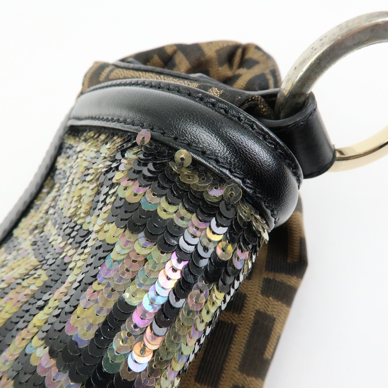 FENDI Zucca Canvas Leather Sequined Shoulder Bag Brown 8BR436