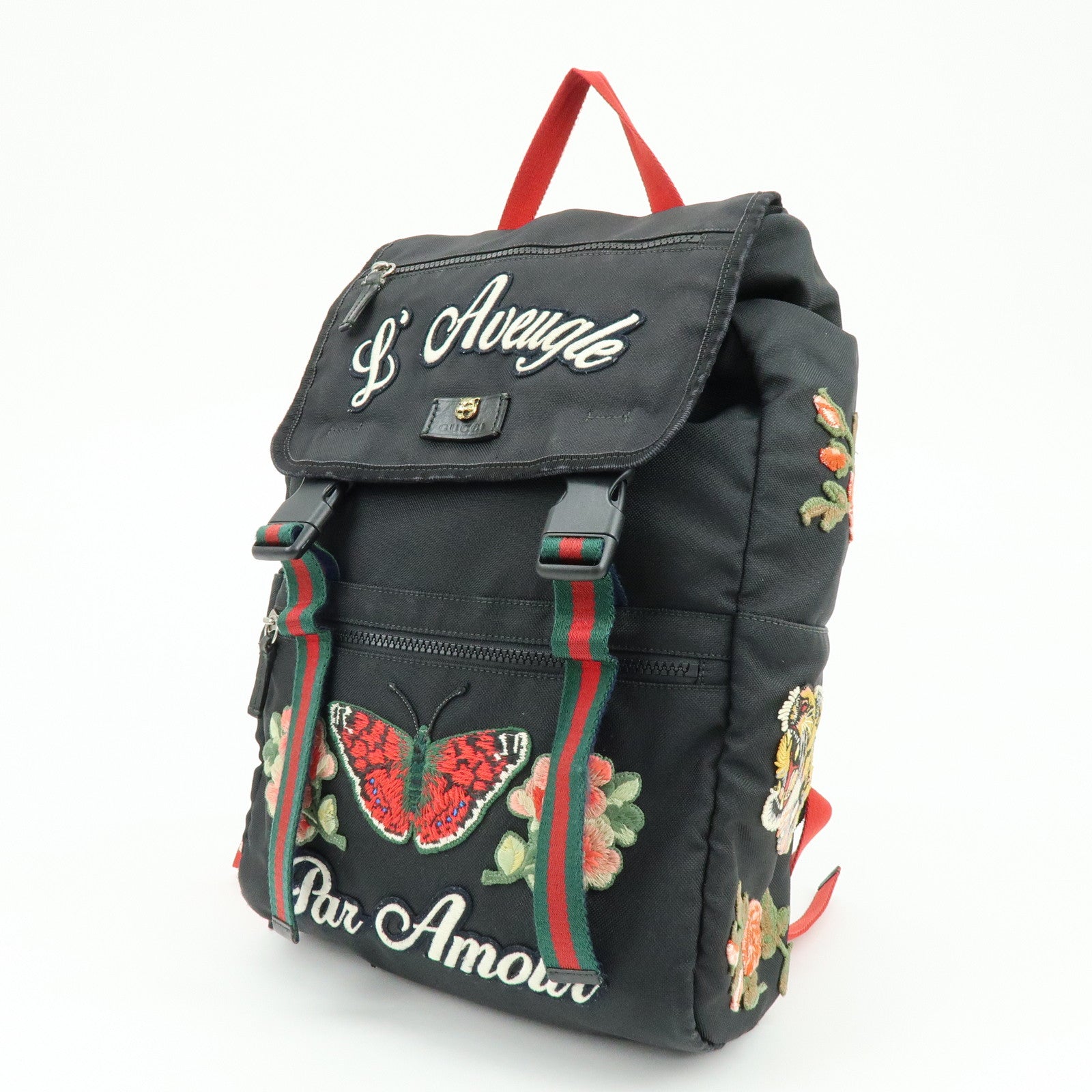 GUCCI Sherry Cat Head Embroidery Tiger Canvas Backpack Black 450982