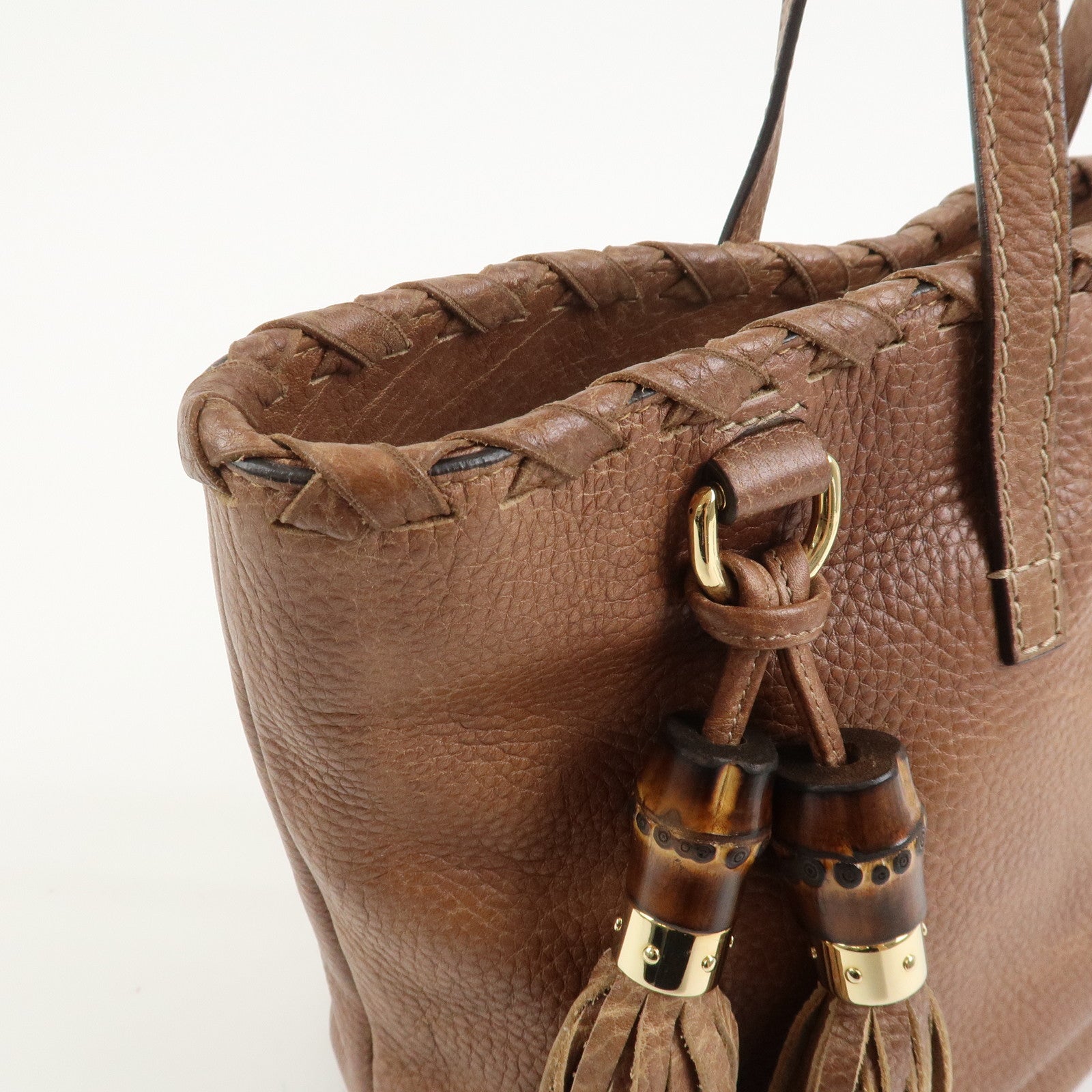 GUCCI Bamboo Fringe Leather Tote Bag Shoulder Bag Brown 218780