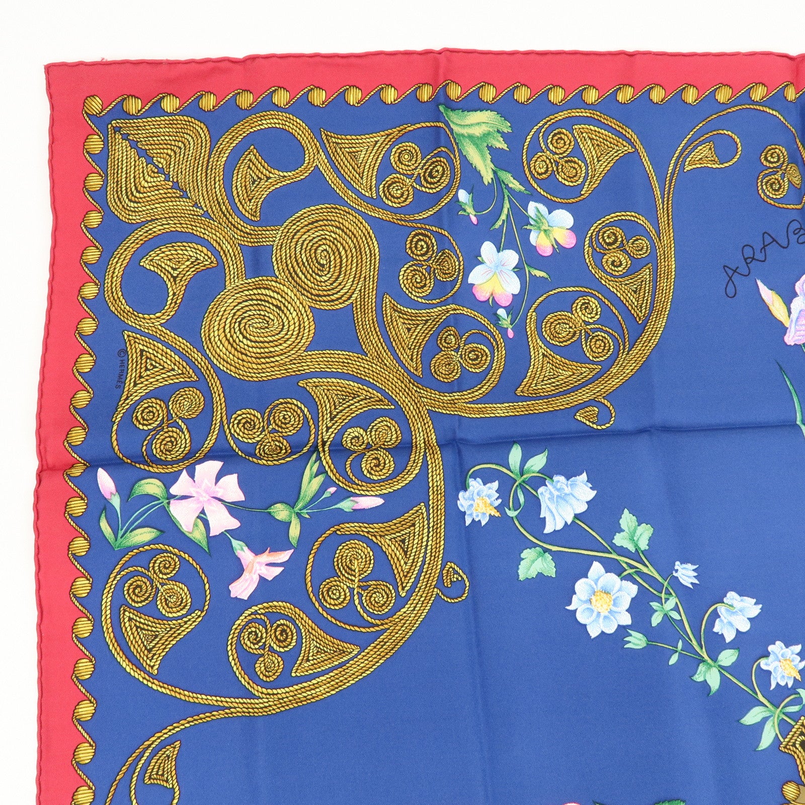 HERMES Carre 90 Silk 100% Scarf ARABESQUES Arabic Print Navy Red