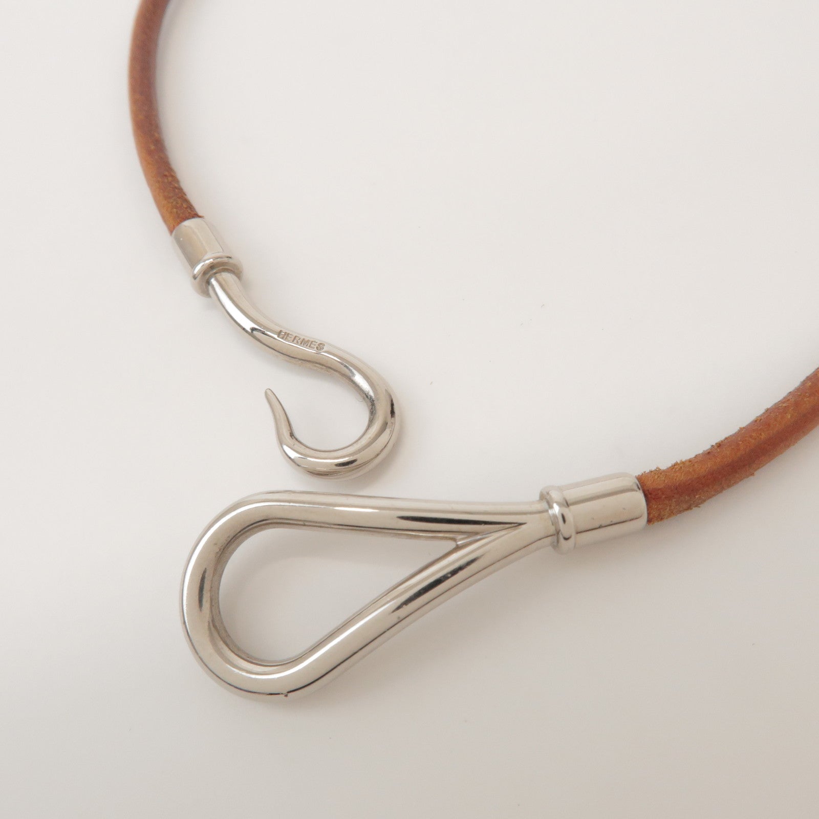 HERMES Jumbo Choker Leather Metal Bracelet Brown Silver