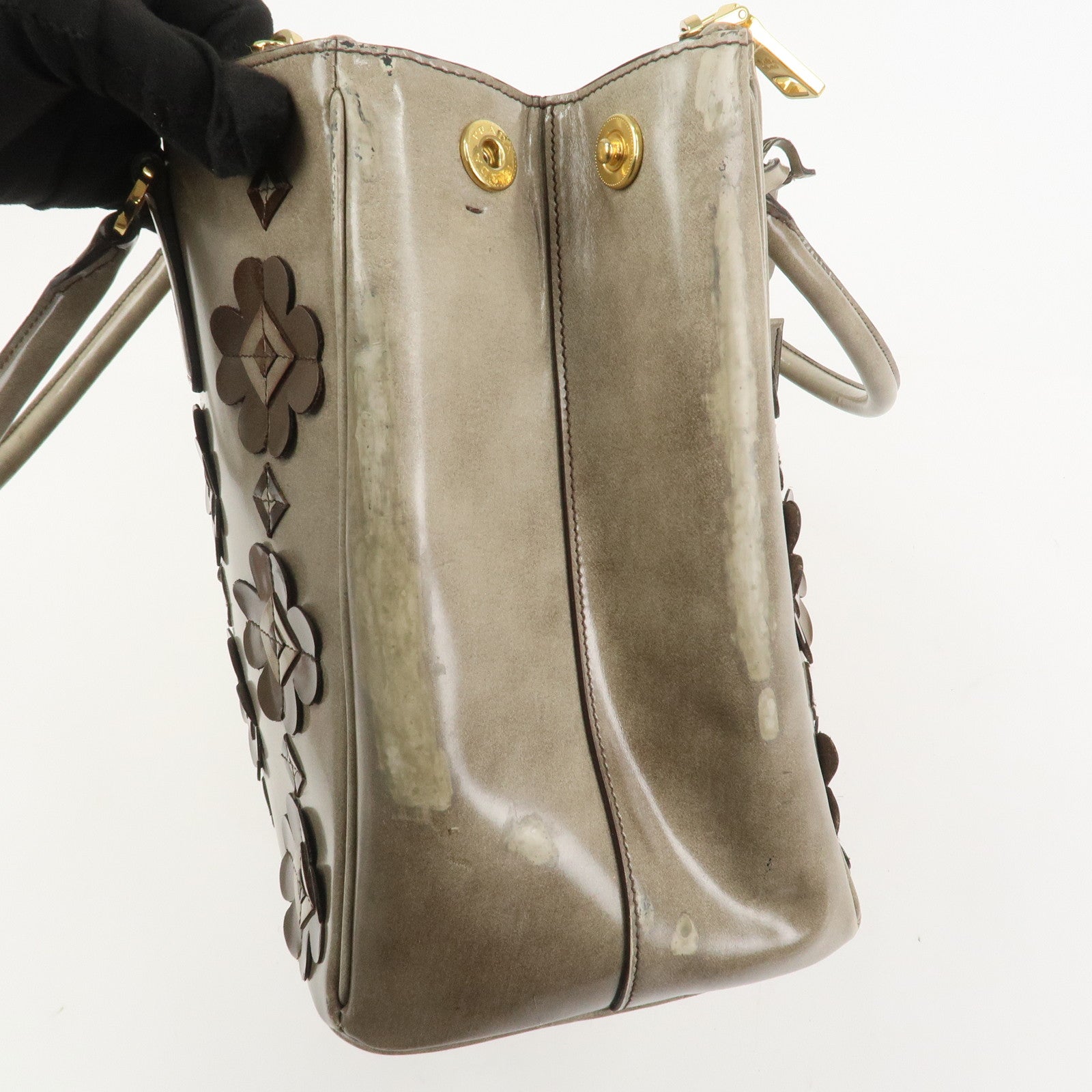 PRADA Patent Leather Flower Galleria 2Way Tote Bag Greige BB2274F