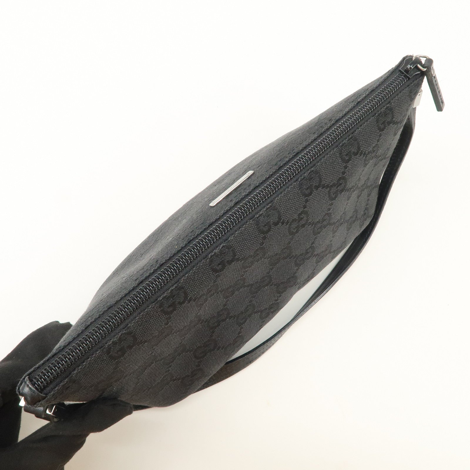 GUCCI Boat Bag GG Canvas Leather Hand Bag Pouch Black 07198