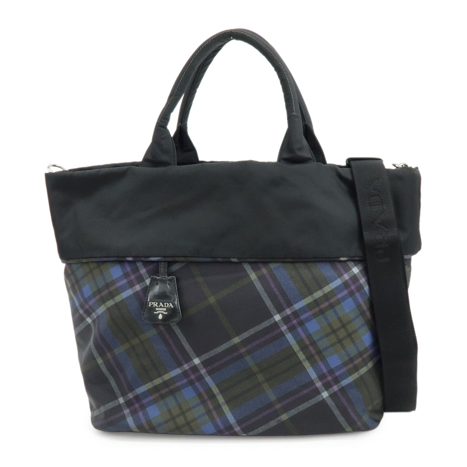 PRADA Triangle Logo Plaid Nylon Leather 2Way Bag Hand Shoulder Bag