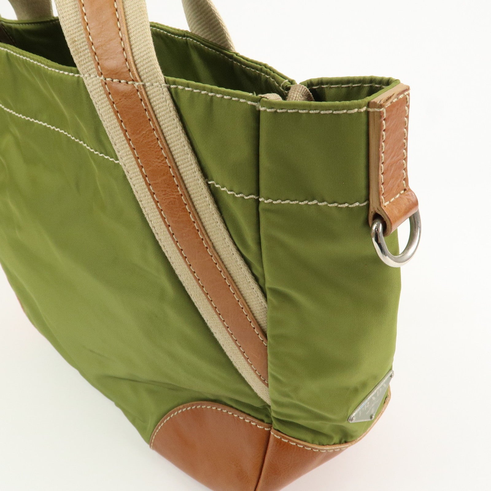 PRADA Triangle Logo Leather Nylon 2Way Tote Bag Brown Khaki