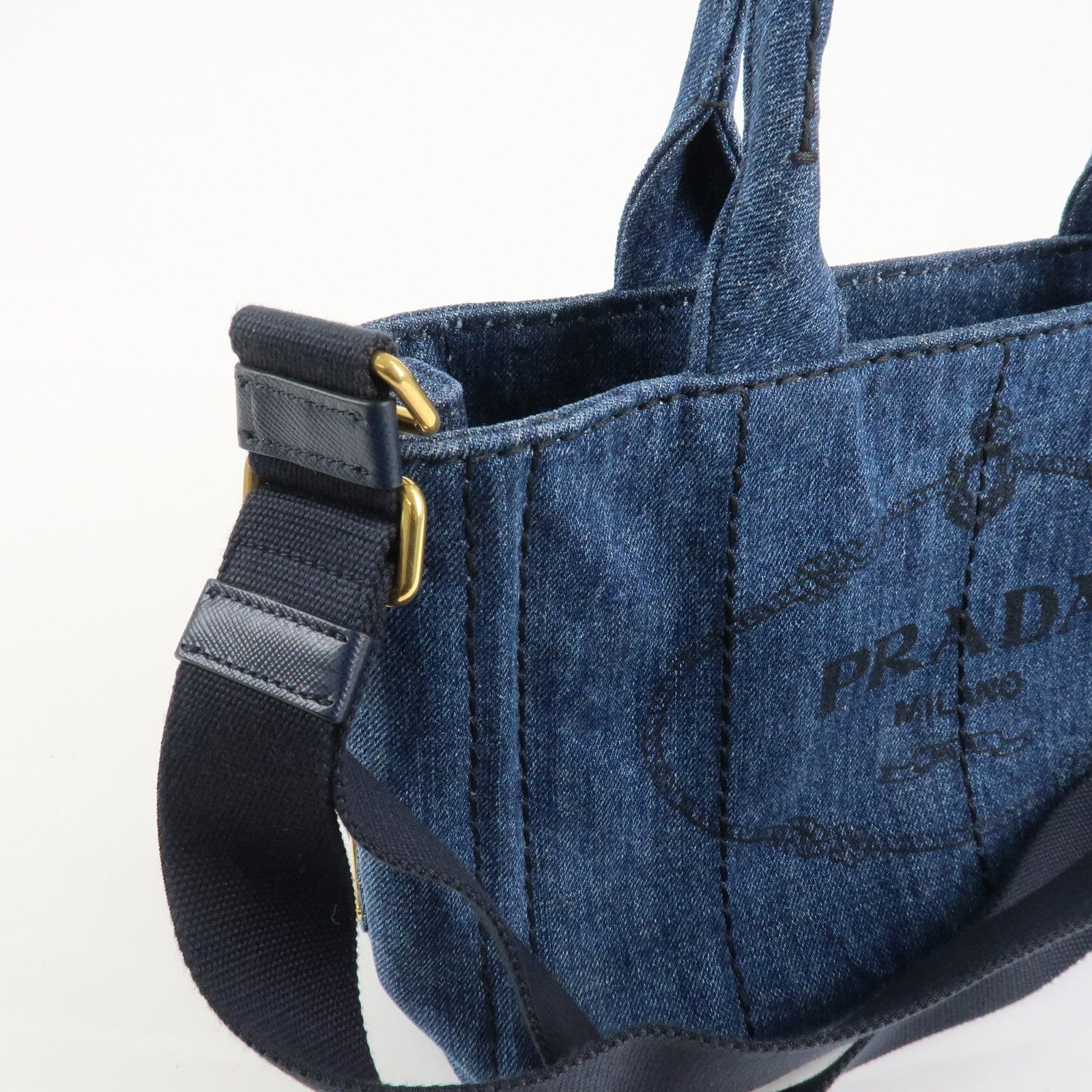 PRADA Canapa Mini Canvas Denim 2Way Shoulder Hand Bag Navy B2439G Used