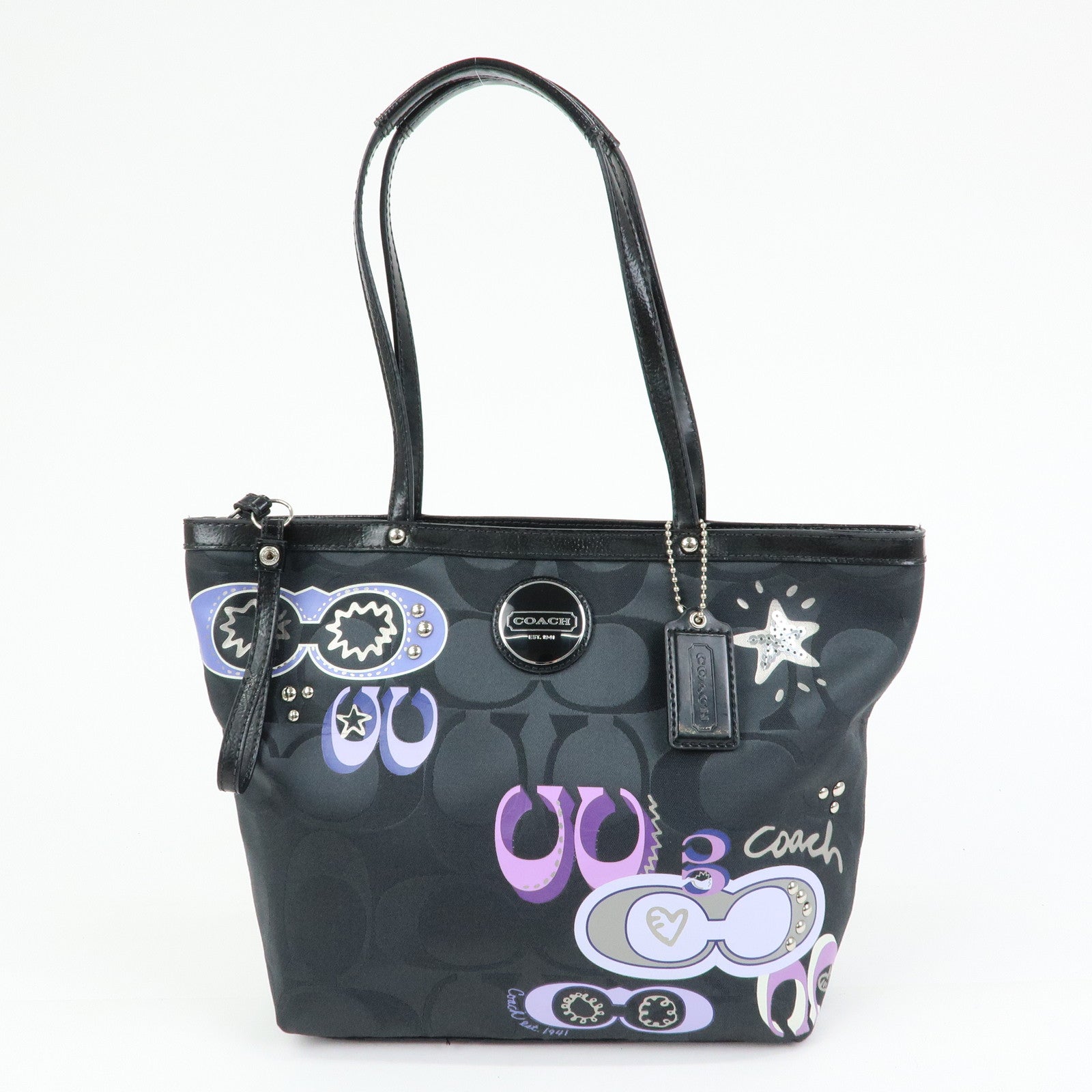 COACH Signature Set of 2 Canvas Leather Shoulder Bag Beige Black