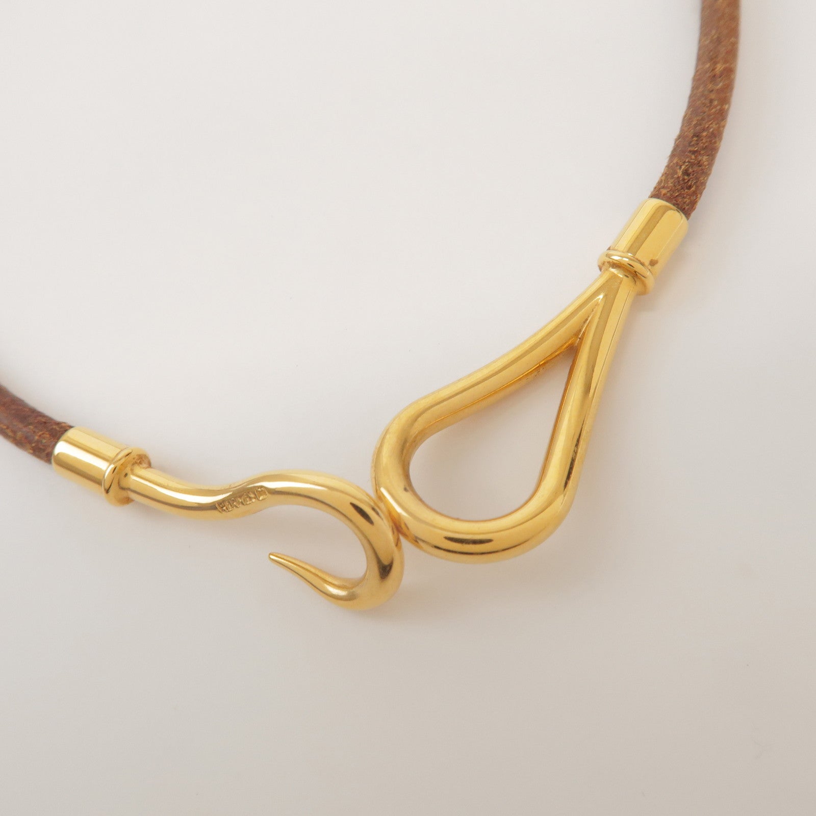 HERMES Jumbo Choker Leather Metal Bracelet Brown Gold