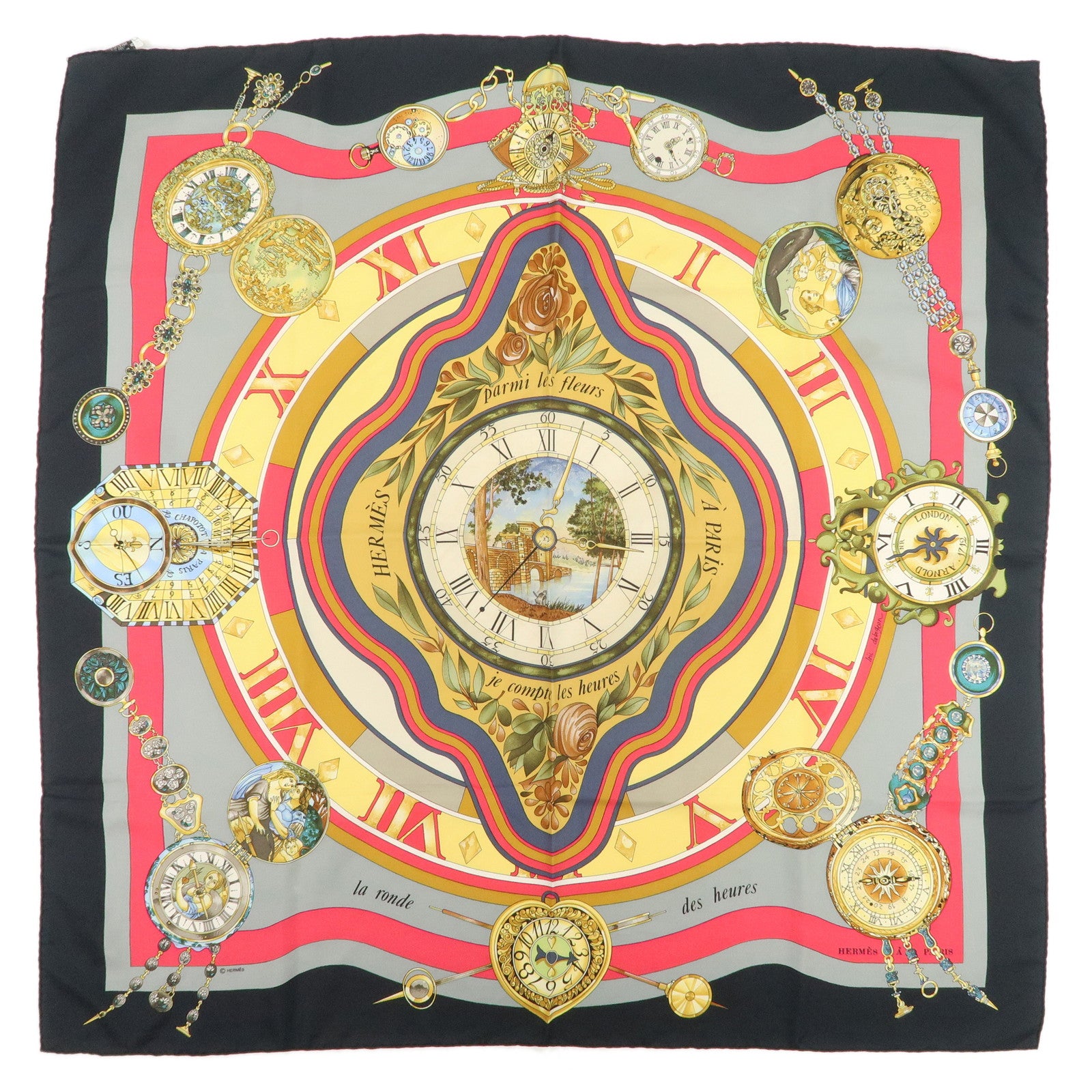HERMES Carre 90 Silk 100% Scarf La Ronde Des Heures Multicolor
