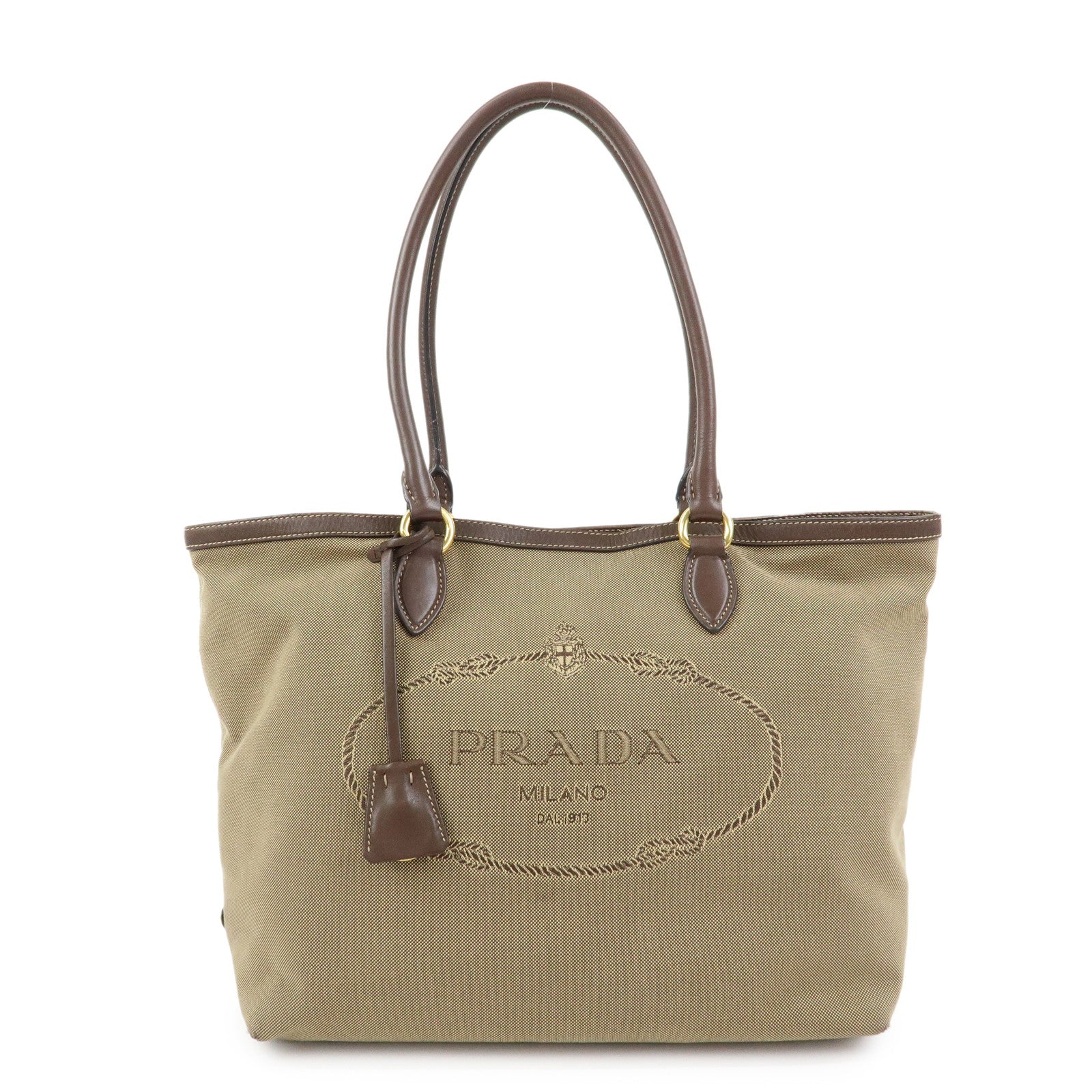 PRADA Triangle Logo Jacquard Leather Tote Shoulder Bag Beige Brown