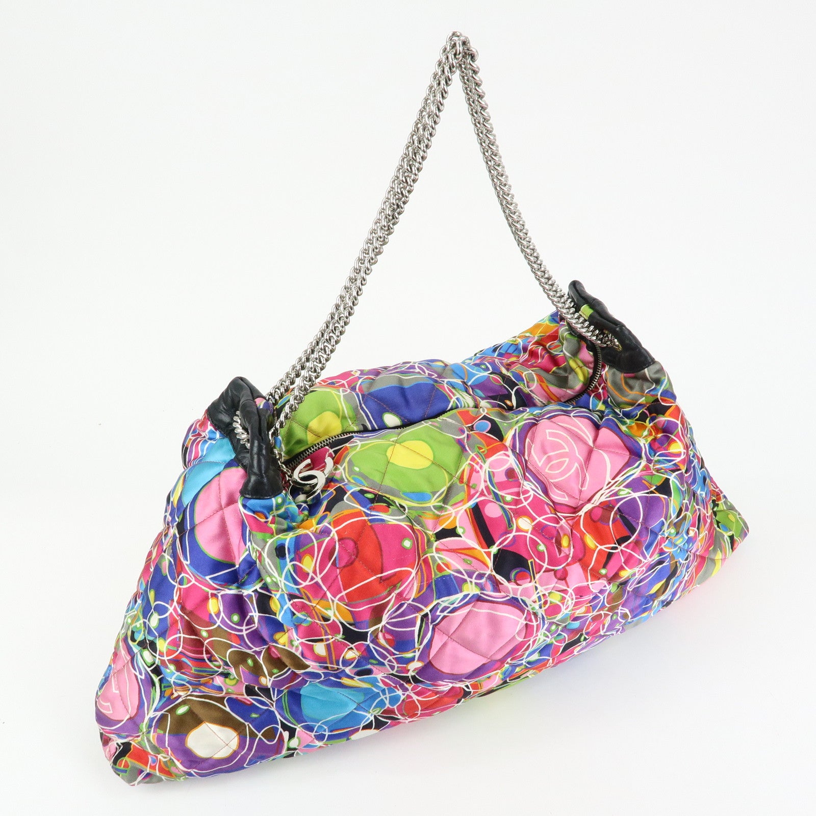 CHANEL Silk Leather Quilting Chain Shoulder Bag Hand Bag Multicolor