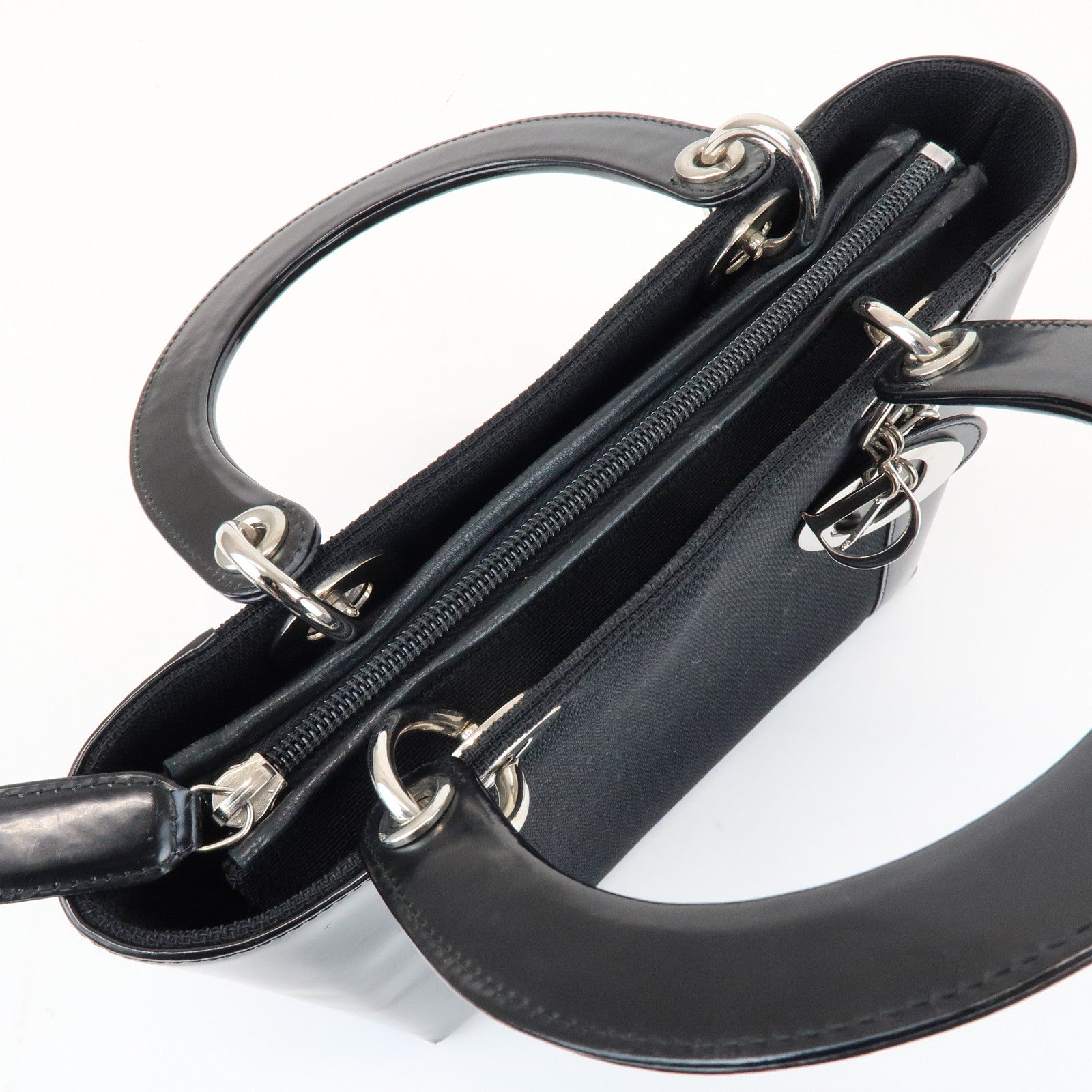 Christian Dior Lady Dior Canvas Patent Leather Hand Bag Black