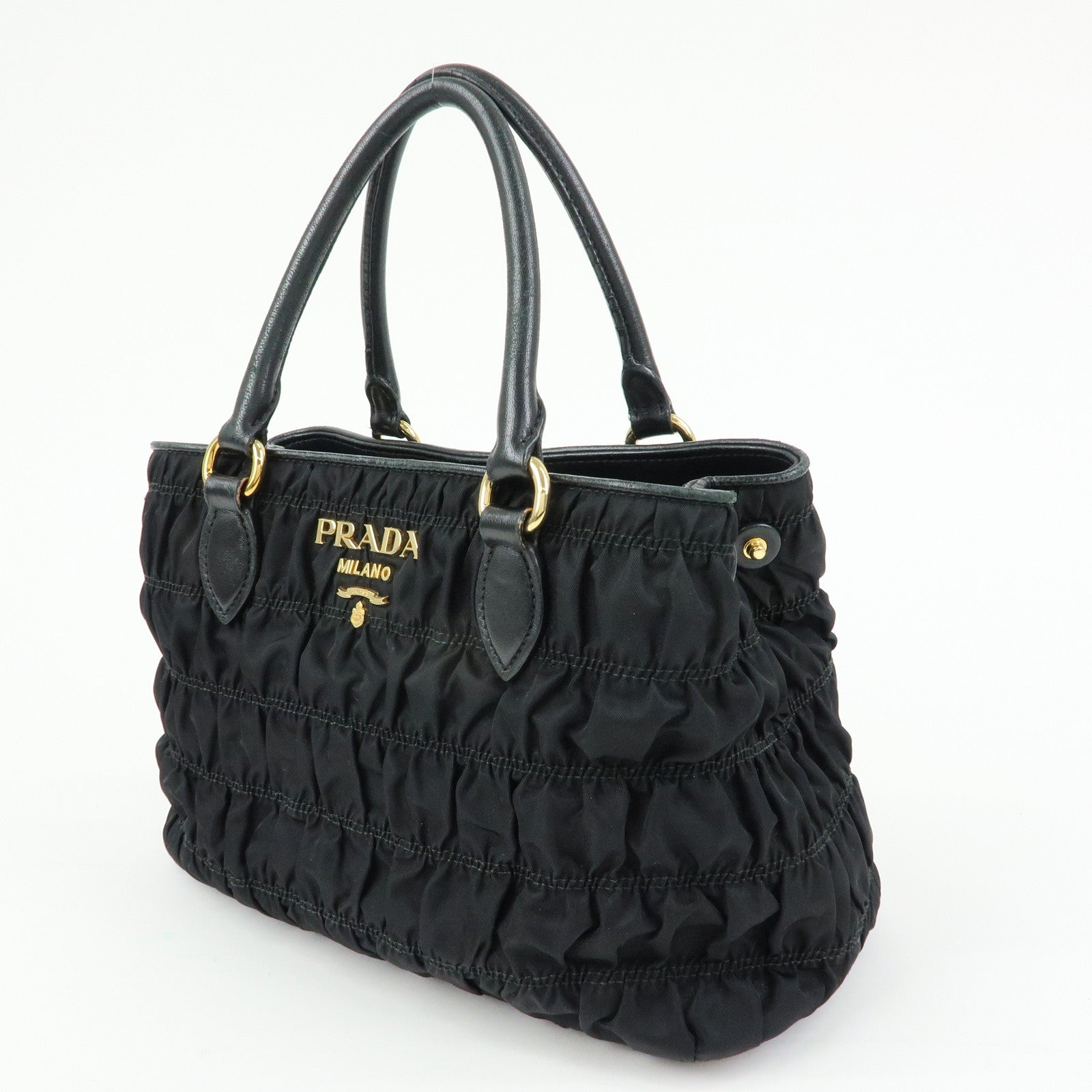 PRADA Nylon Leather Gathered Tote Bag Hand Bag Black