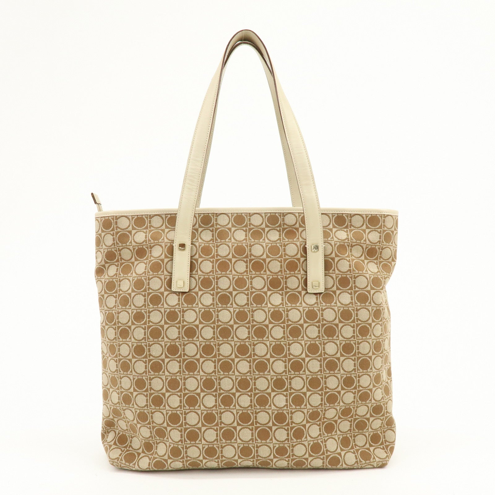 Ferragamo Gancini Canvas Leather Tote Bag Hand Bag Brown Beige