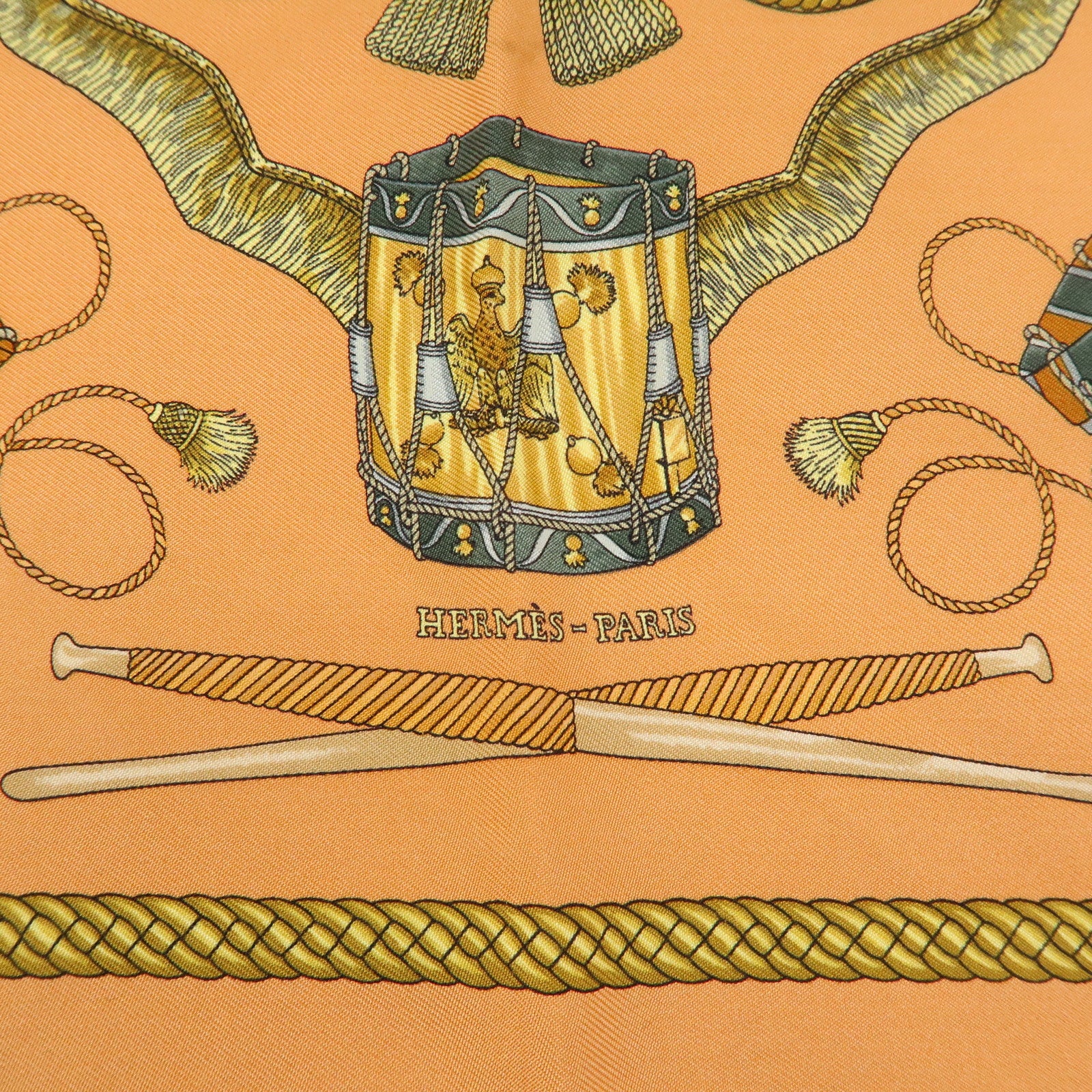 HERMES Carre 45 Silk 100% Scarf LES TAMBOURS Drum Print Orange Gold