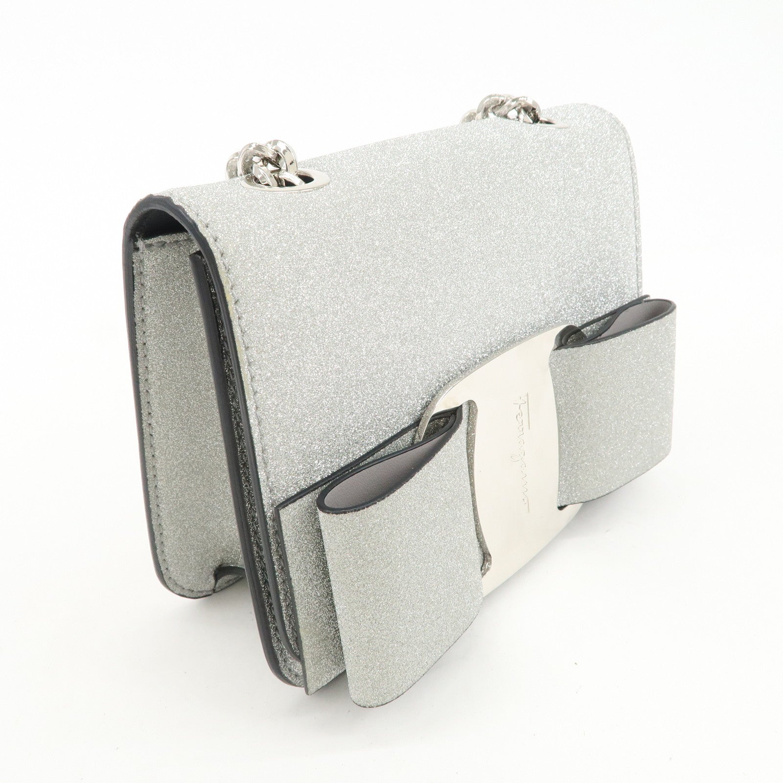 Ferragamo Vara Ribbon Leather 2WAY Bag Shoulder Bag Silver