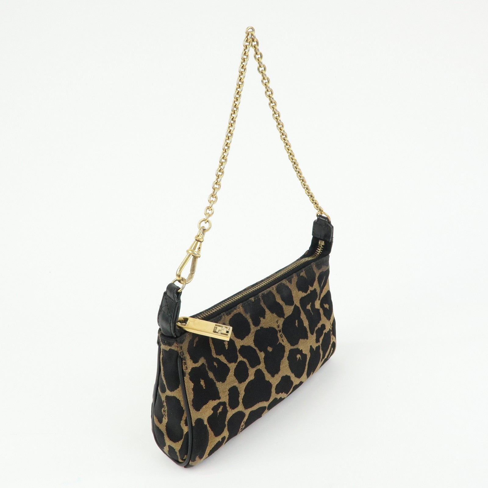 FENDI Canvas Leather Leopard Chain Hand Bag Brown Black 8M0264