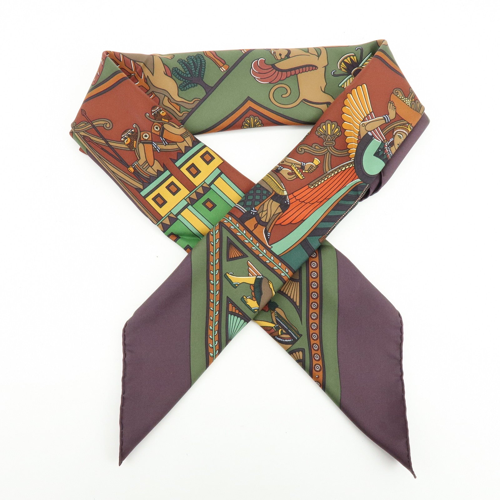 HERMES Carre 90 Silk 100% Scarf PERSEPOLIS Persian Print Brown