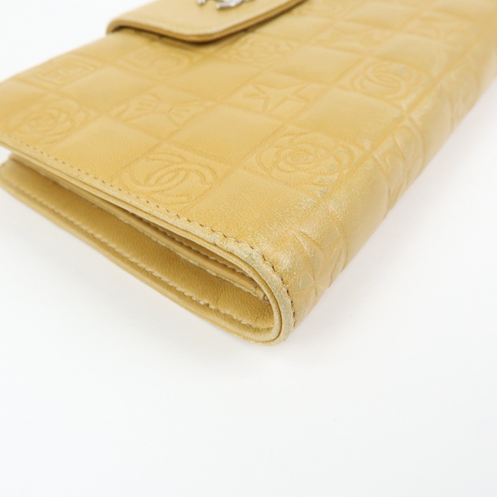 CHANEL Chocolate Bar Lamb Skin Long Wallet Yellow Beige A82281