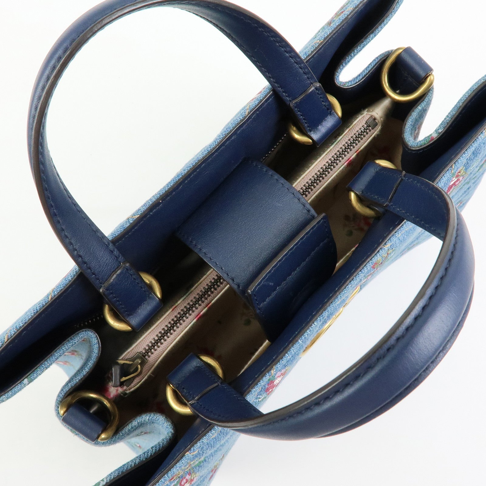 GUCCI GG Marmont Denim Leather 2Way Bag Flower Motif Navy 448054