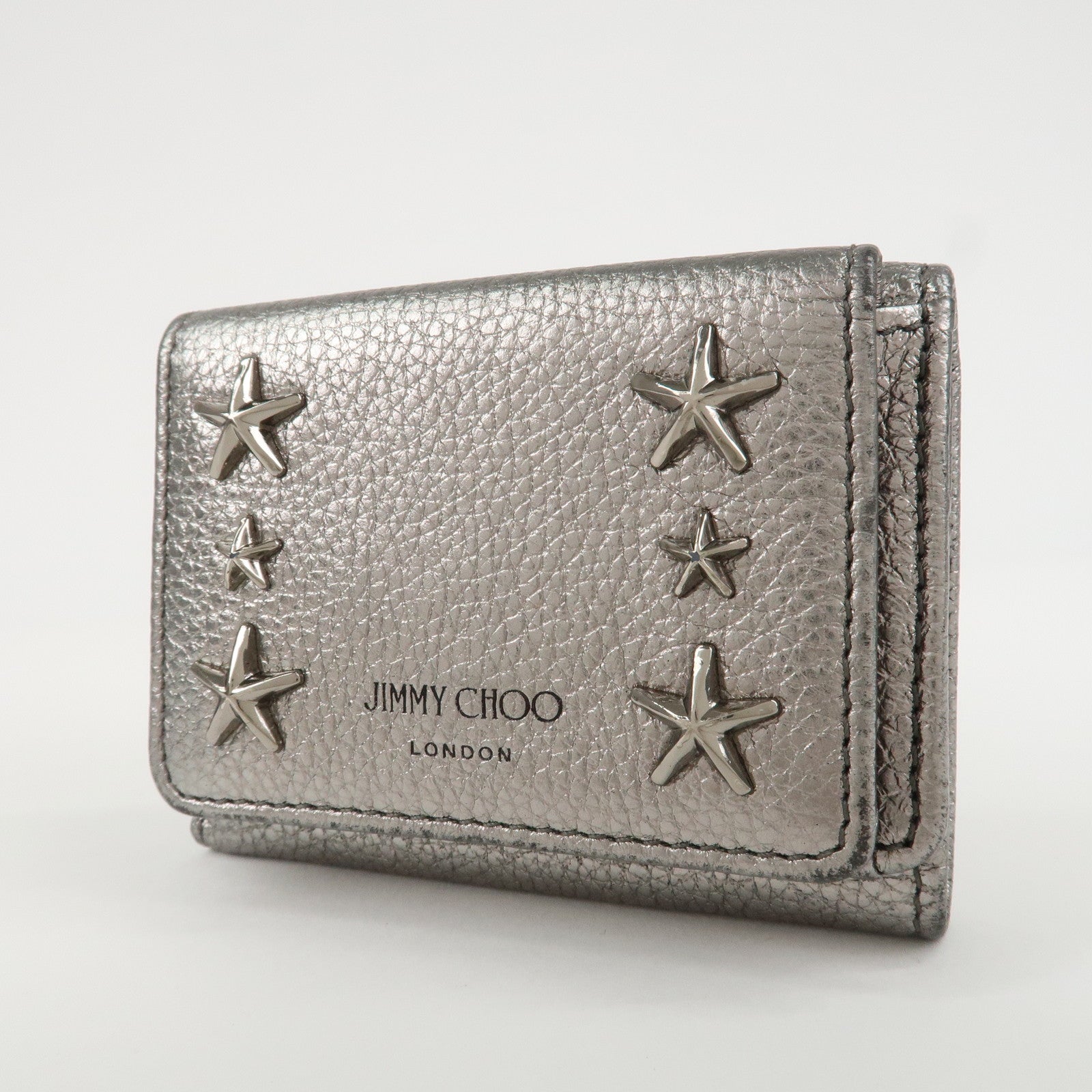 JIMMY CHOO 202 NEMO Studs Leather Compact Wallet Silver Used