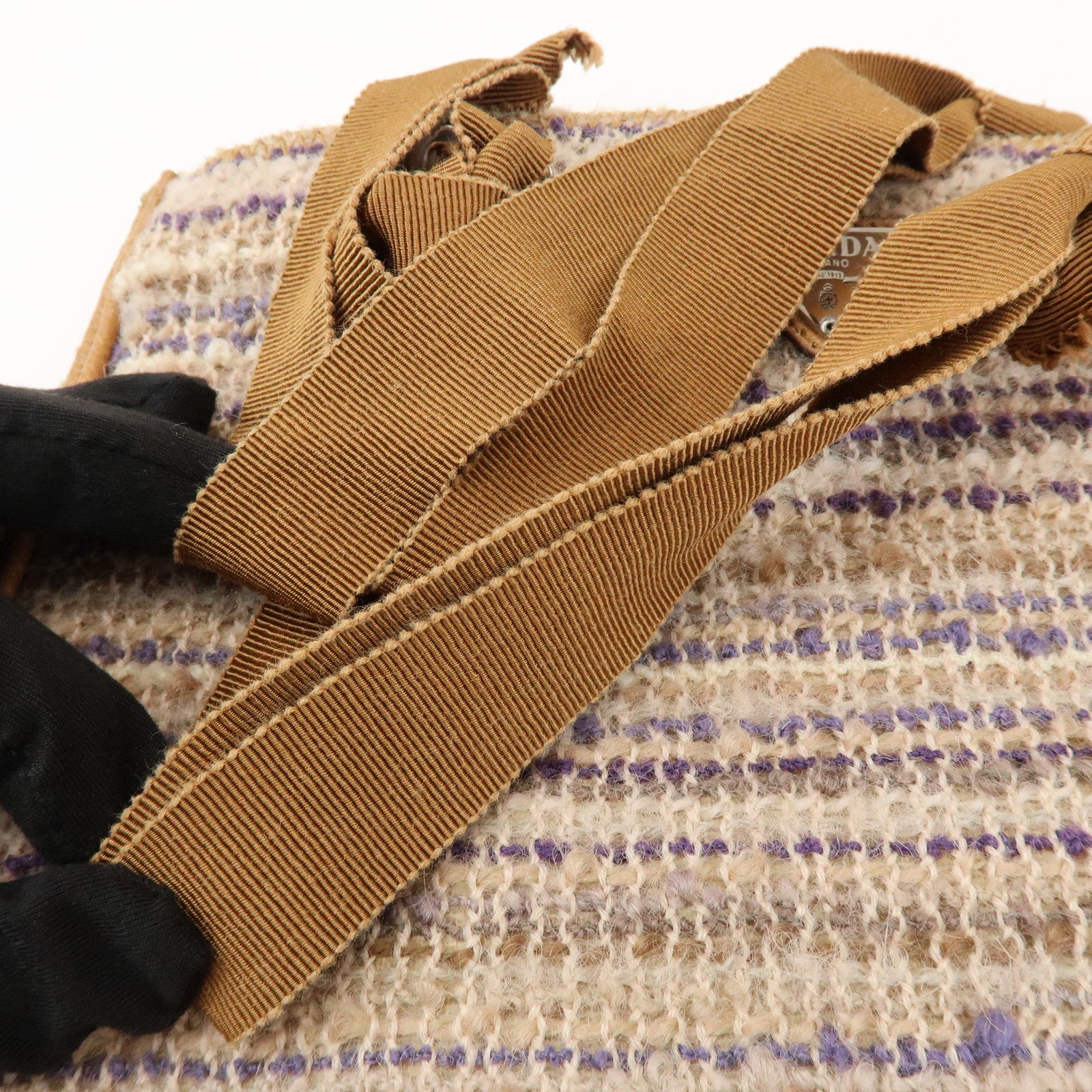 PRADA Triangle Logo Tweed Leather Hand Bag Light Brown Multicolor