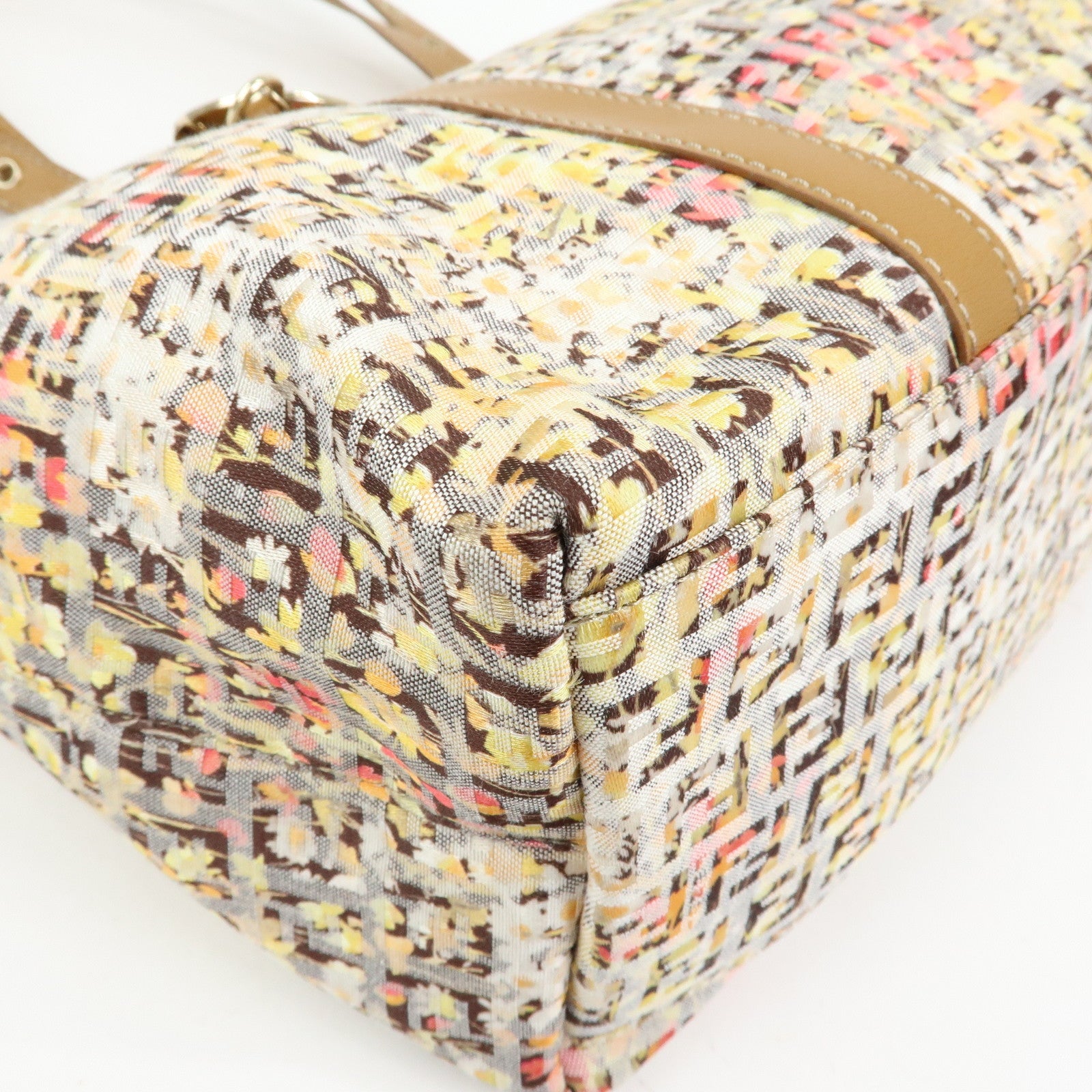 FENDI Zucchino Canvas Leather Flower Print Tote Bag Hand Bag 8BH215