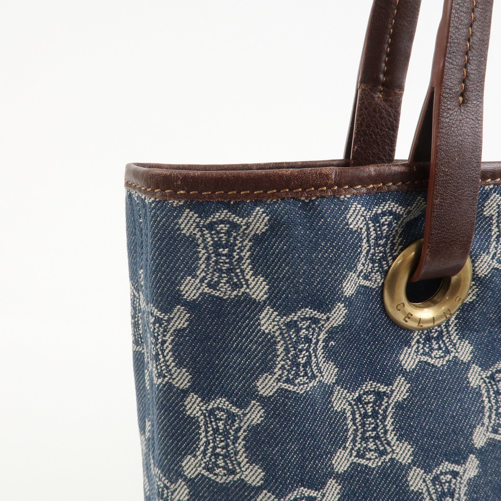 CELINE Macadam Denim Leather Tote Bag Shoulder Bag Blue Brown