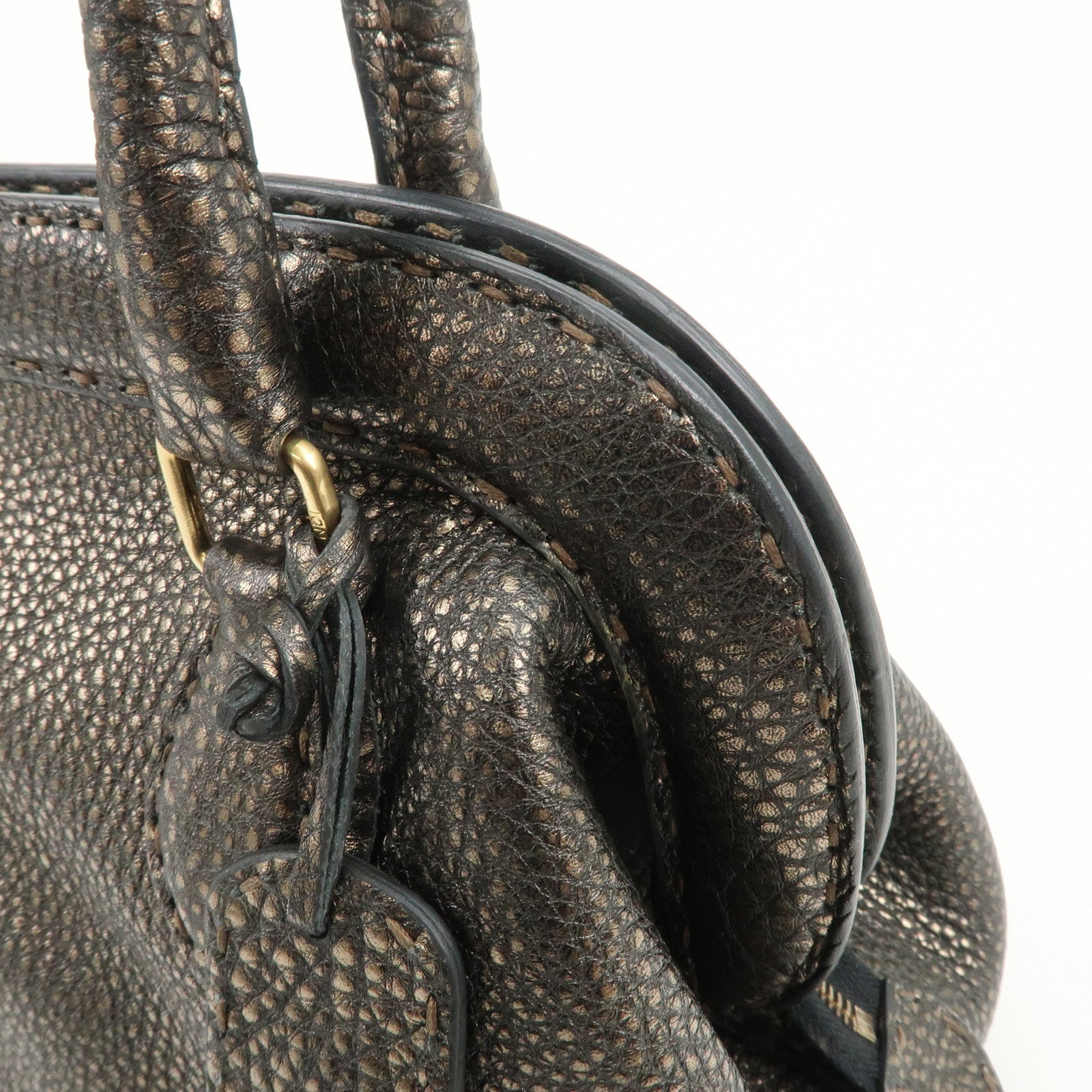 FENDI Selleria Leather Boston Bag Hand Bag Metallic Black 8BN127