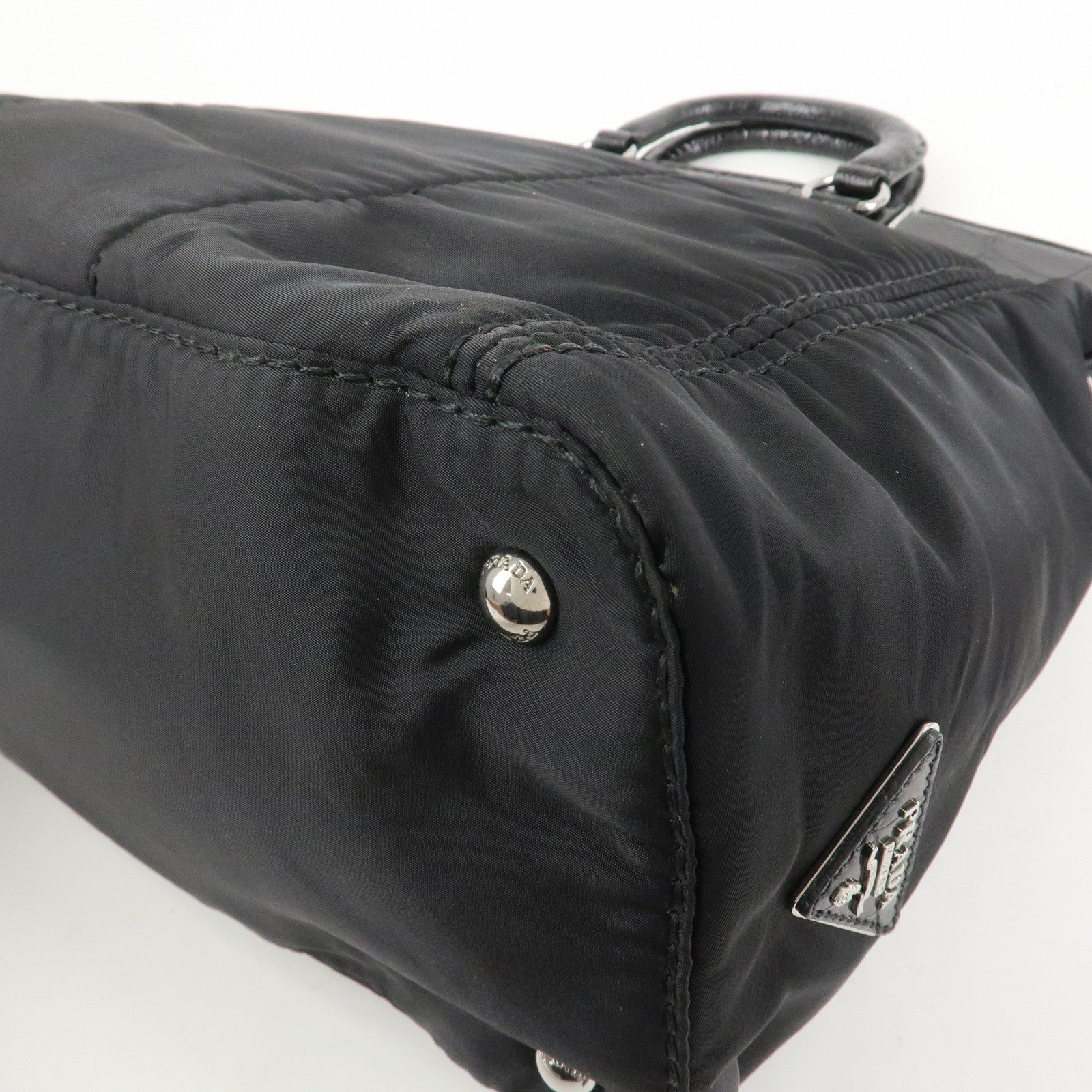 PRADA Triangle Logo Nylon Embossed Leather Hand Bag Black